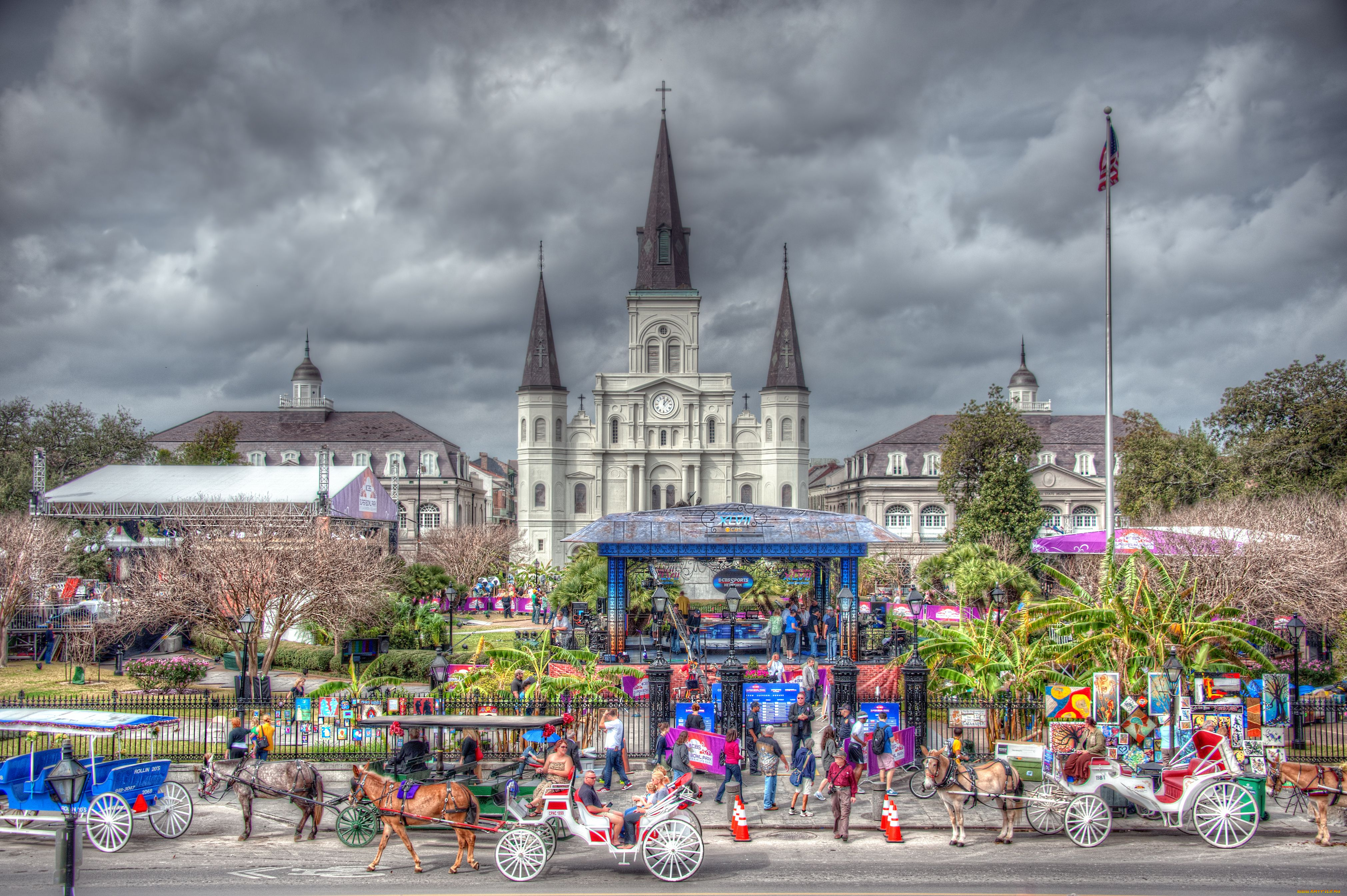 new, orleans, города, католические, соборы, костелы, аббатства, новый, орлеан, лошади, кареты, собор, сцена, праздник
