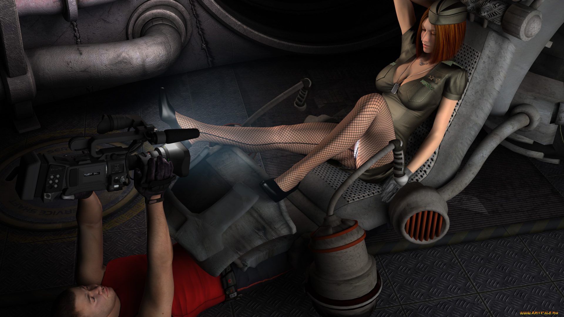 3д, графика, people, , люди, девушка, кресло, униформа, кинокамера