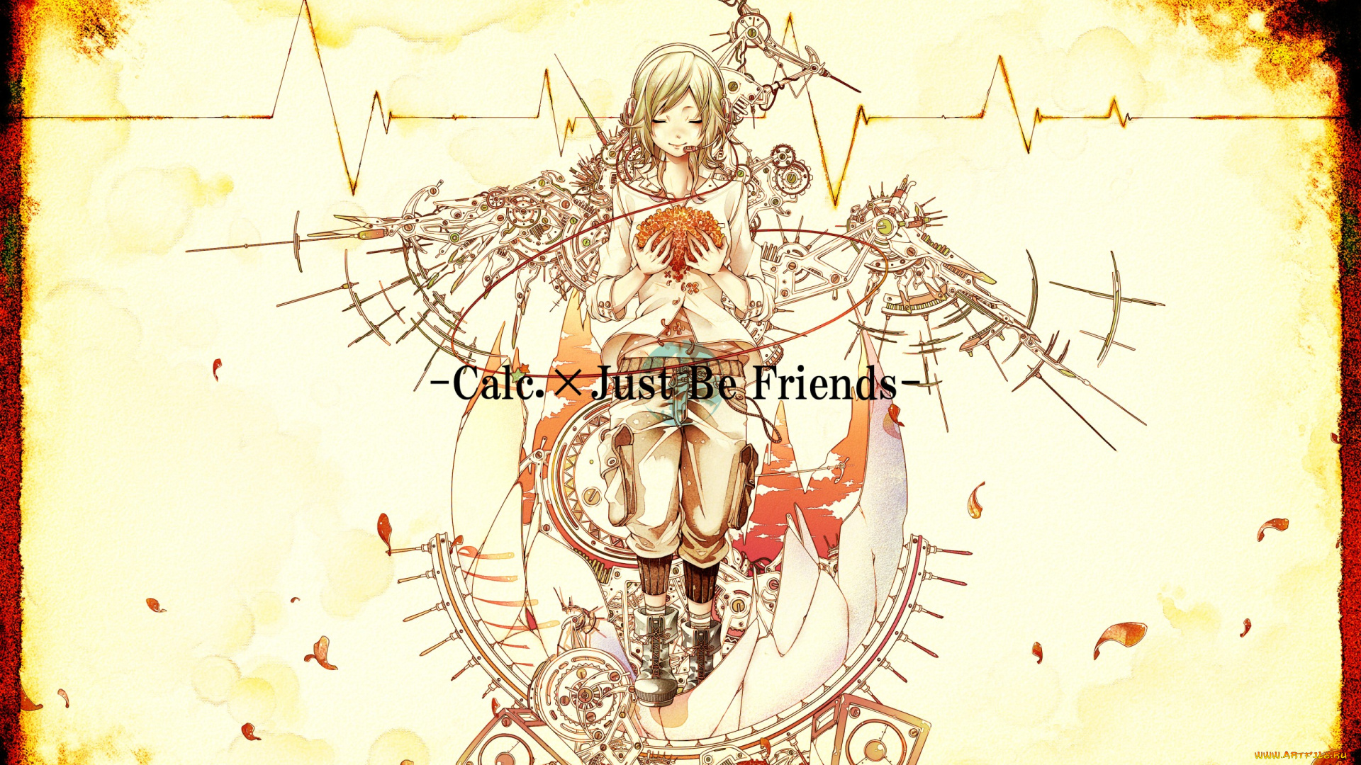 by, bouno, satoshi, аниме, -headphones, &, instrumental, bouno, satoshi, наушники, микрофон, провода, девушка, крылья, механика, нимб, цветы, инструменты