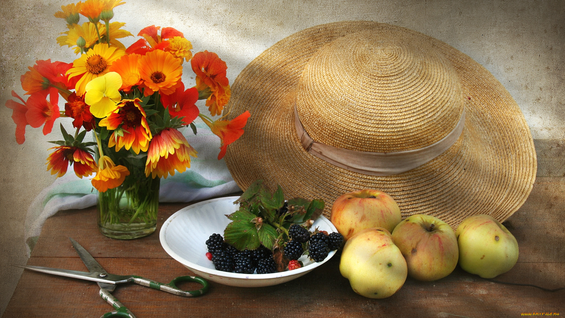 еда, натюрморт, шляпа, букет, яблоки, ежевика
