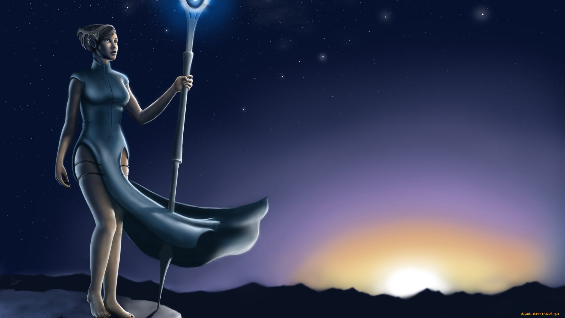 фэнтези, девушки, небо, ночное, магический, посох, девушка, звезды