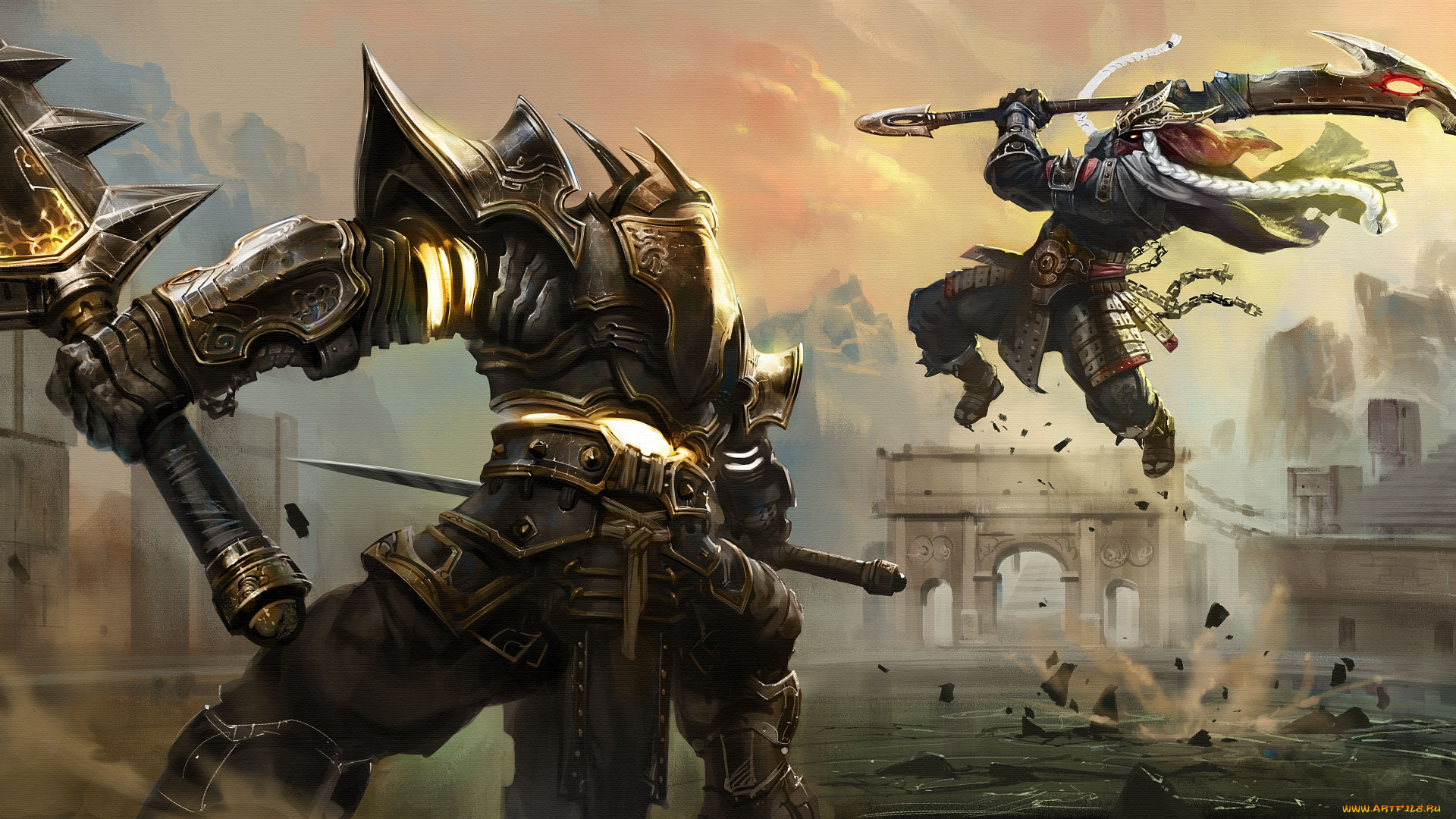 фэнтези, люди, оружие, схватка, арена, воины, доспехи