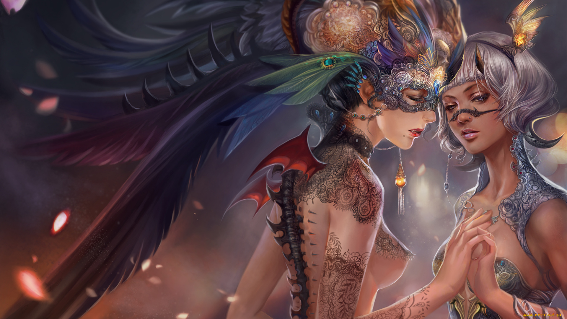 фэнтези, существа, тату, кружево, украшения, маска, девушки