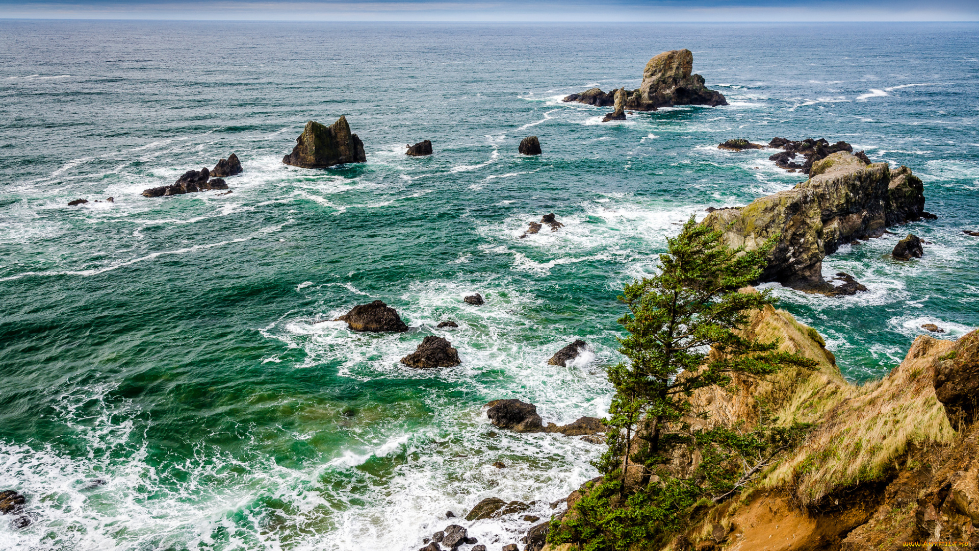 природа, побережье, океан, тучи, горизонт, волны, скалы