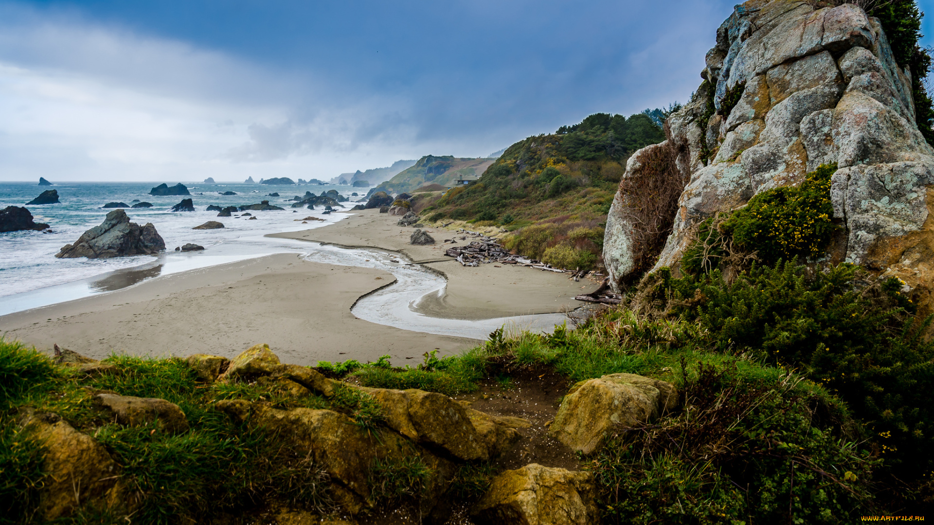 природа, побережье, пляж, океан, речушка, скалы