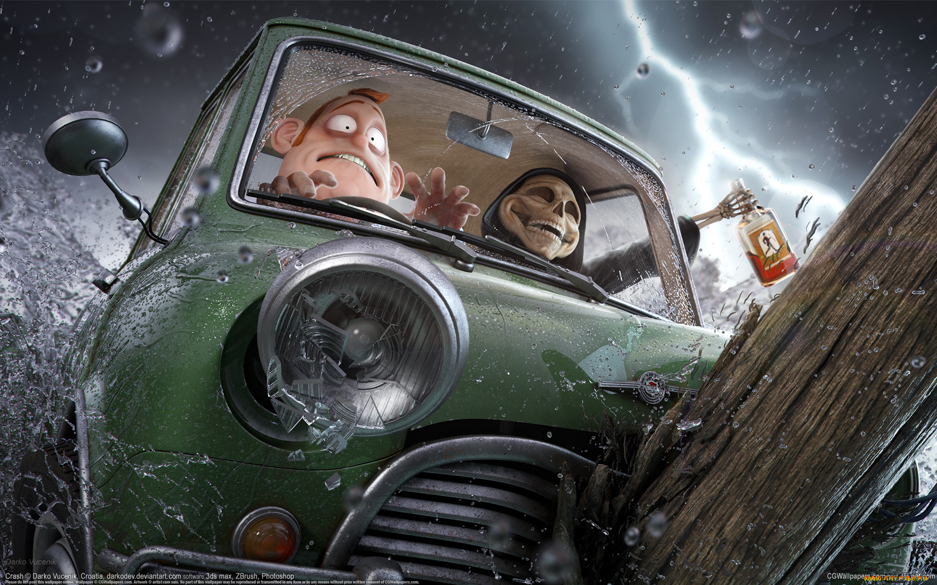 darko, vucenik, 3д, графика, humor, , юмор, бутылка, столб, скелет, смерть, дождь, авария, авто, darko, vucenik, машина, фара, брызги, вода, осколки