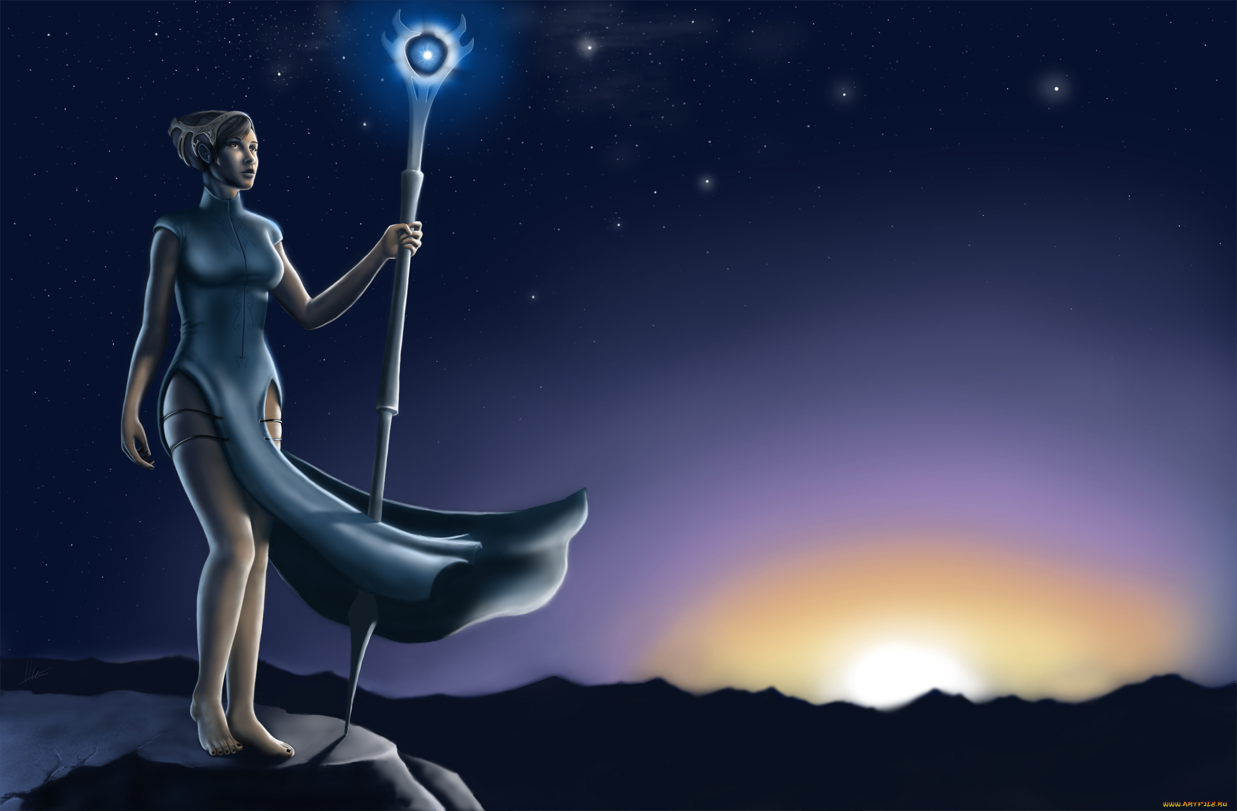 фэнтези, девушки, небо, ночное, магический, посох, девушка, звезды
