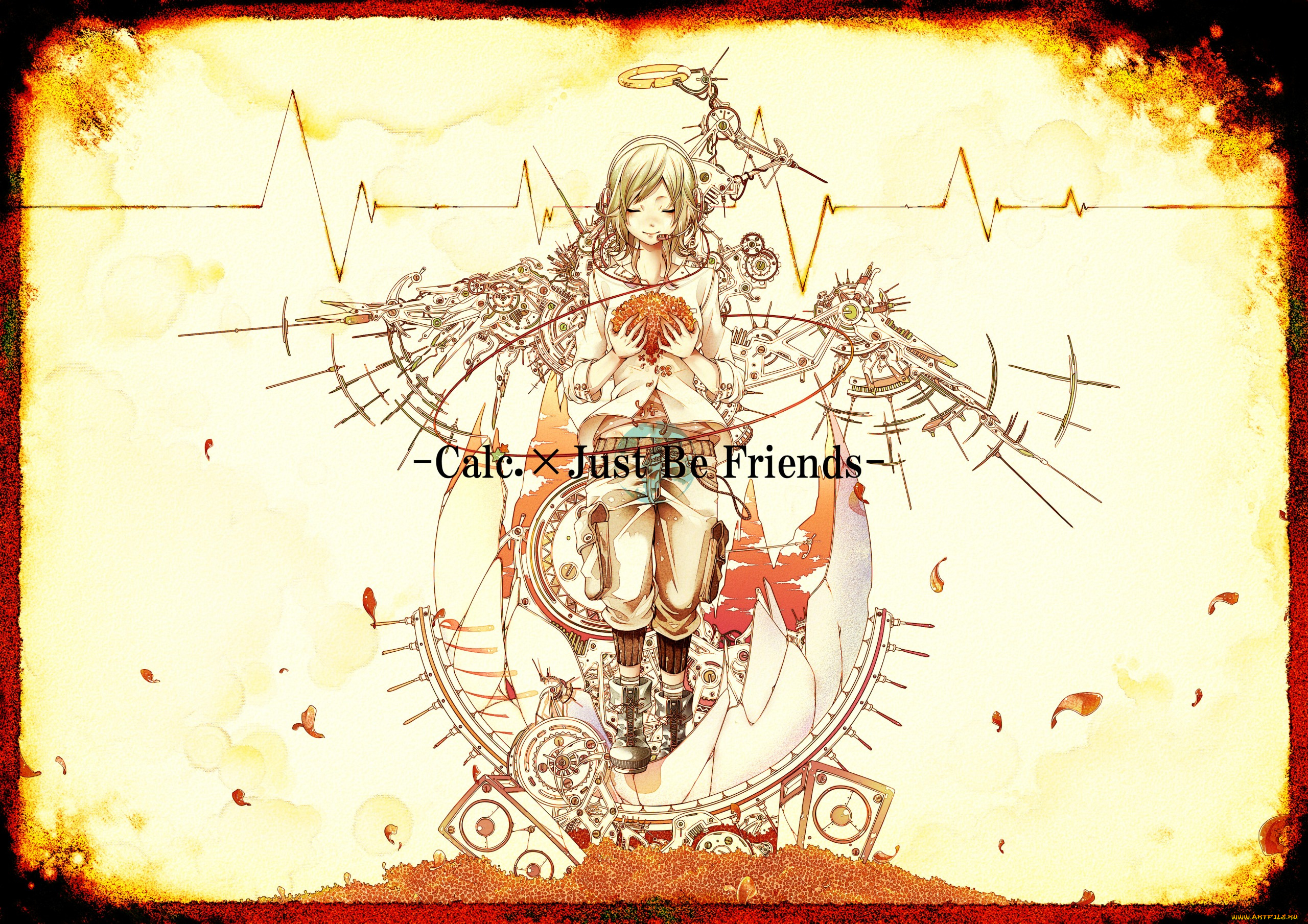 by, bouno, satoshi, аниме, -headphones, &, instrumental, bouno, satoshi, наушники, микрофон, провода, девушка, крылья, механика, нимб, цветы, инструменты