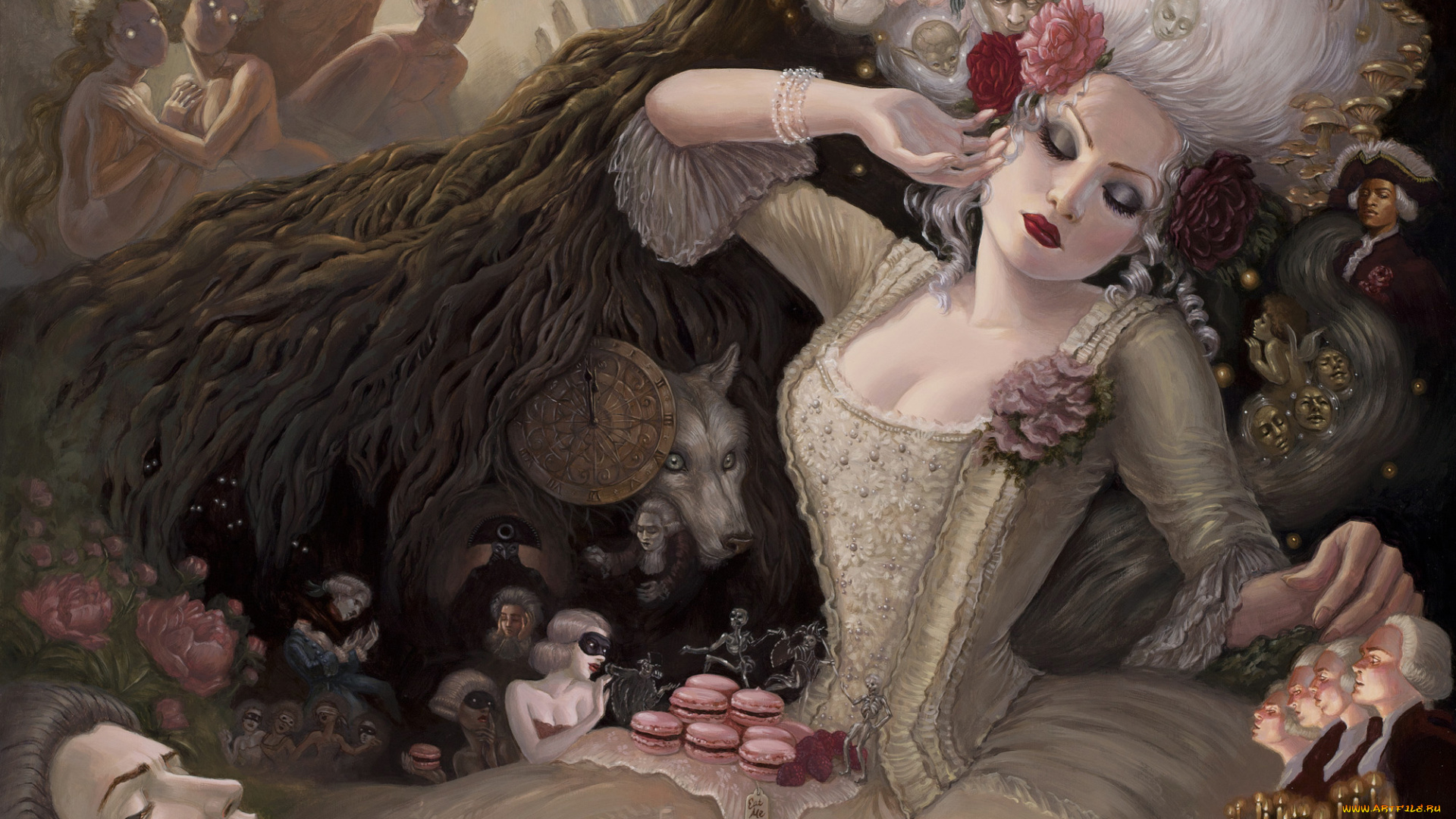 фэнтези, девушки, девушка, пирожные, ягоды, маска, люди, волк