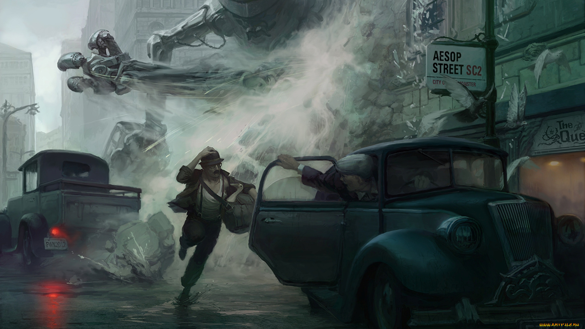 фэнтези, роботы, , киборги, , механизмы, арт, фантастика, город, монстр, робот, люди, бегство, we, who, fought, the, queen, by, bopchara