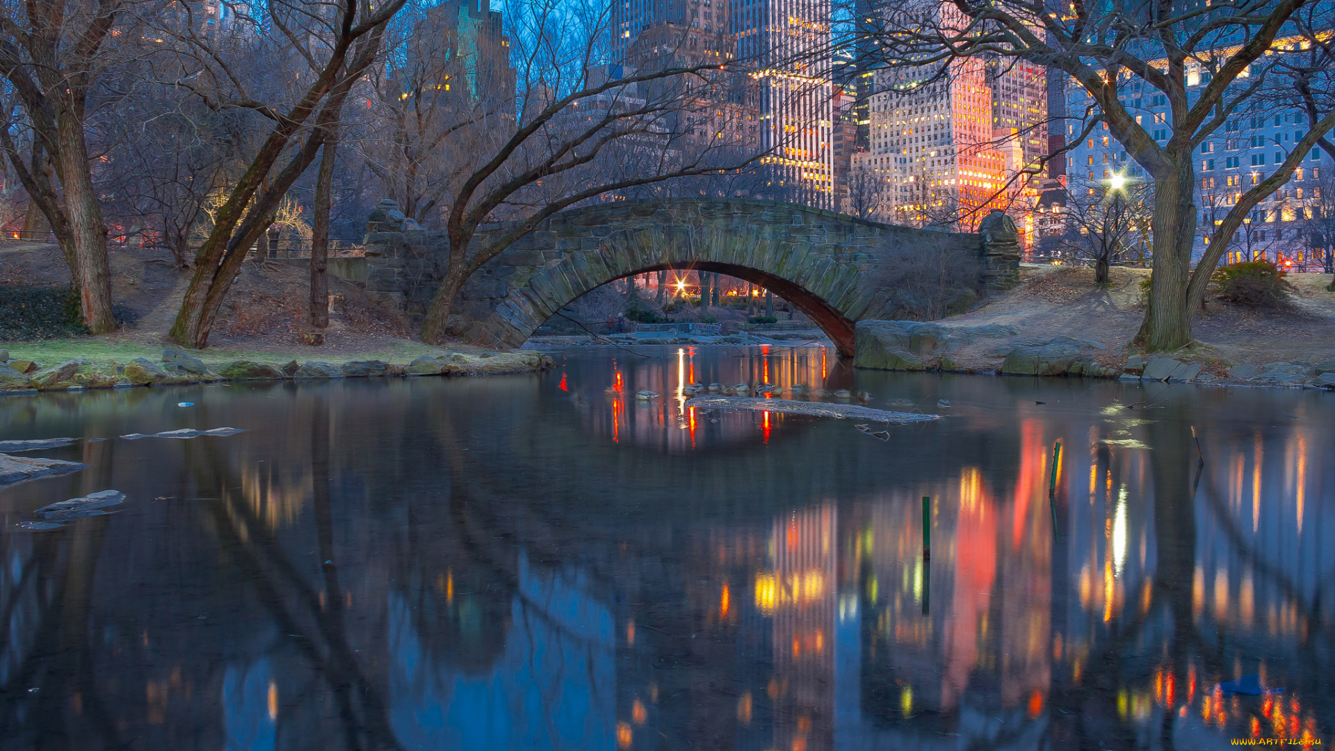 города, нью-йорк, , сша, нью-йорк, центральный, парк, сумерки, огни