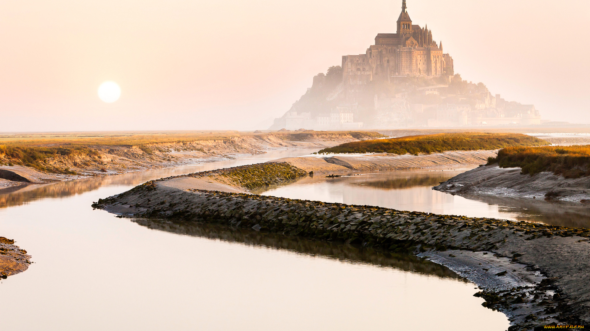 города, замки, франции, франция, город, остров-крепость, мон-сен-мишель, утро, солнце
