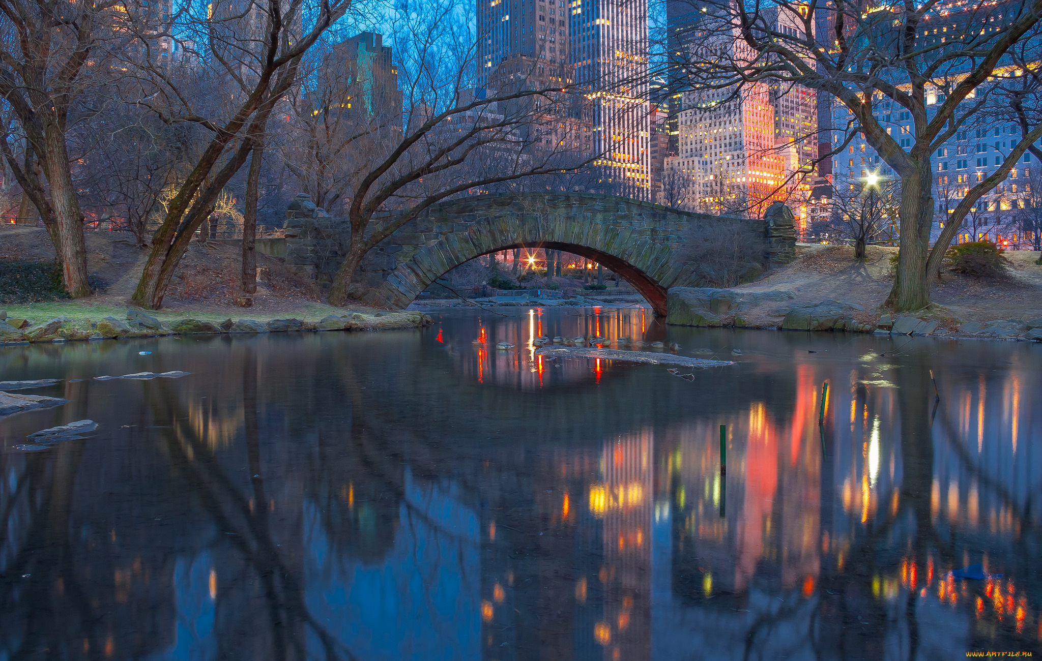 города, нью-йорк, , сша, нью-йорк, центральный, парк, сумерки, огни