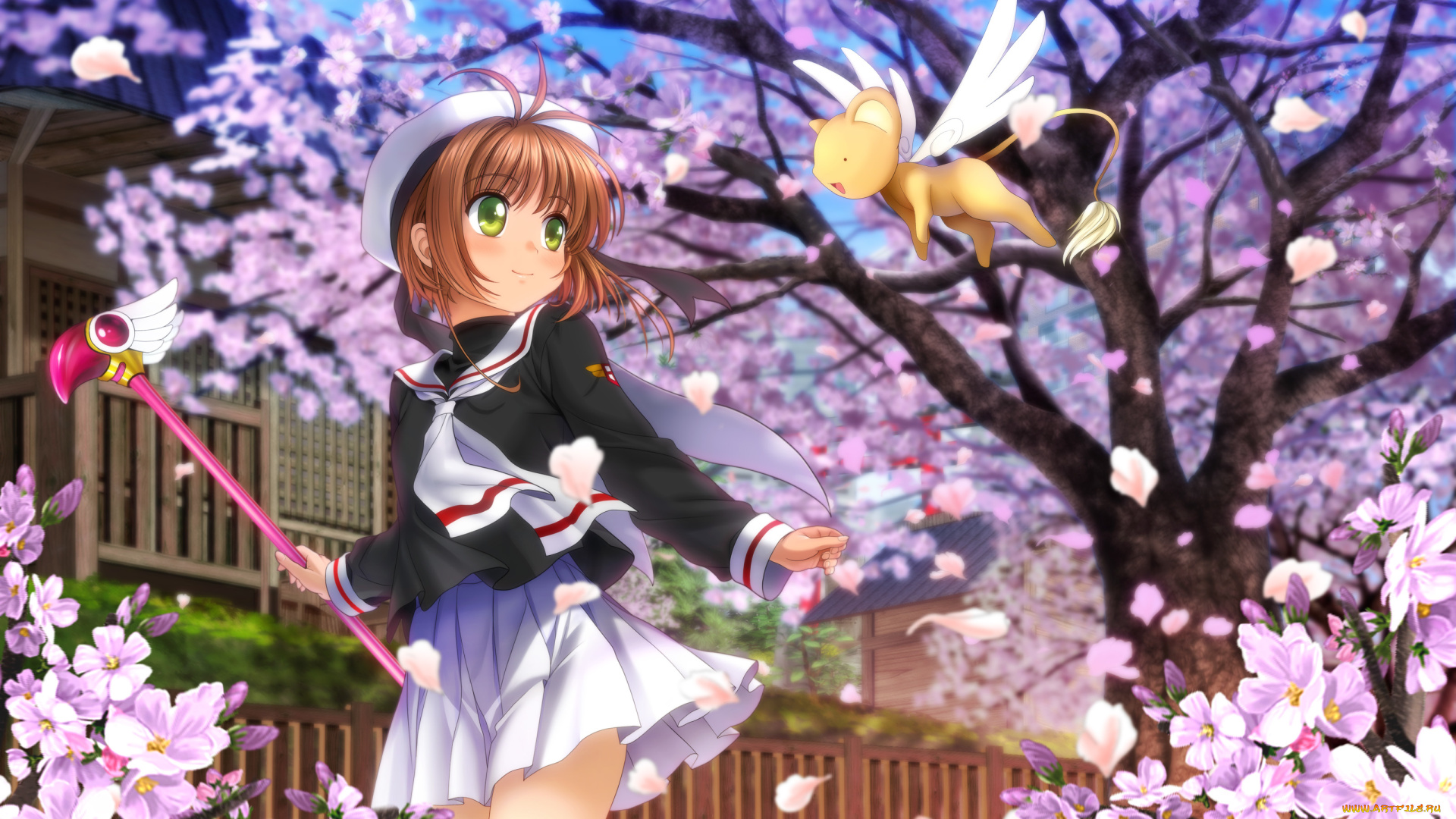аниме, card, captor, sakura, сакура, форма, посох, цветы, девочка, существо, цветение, улица, весна