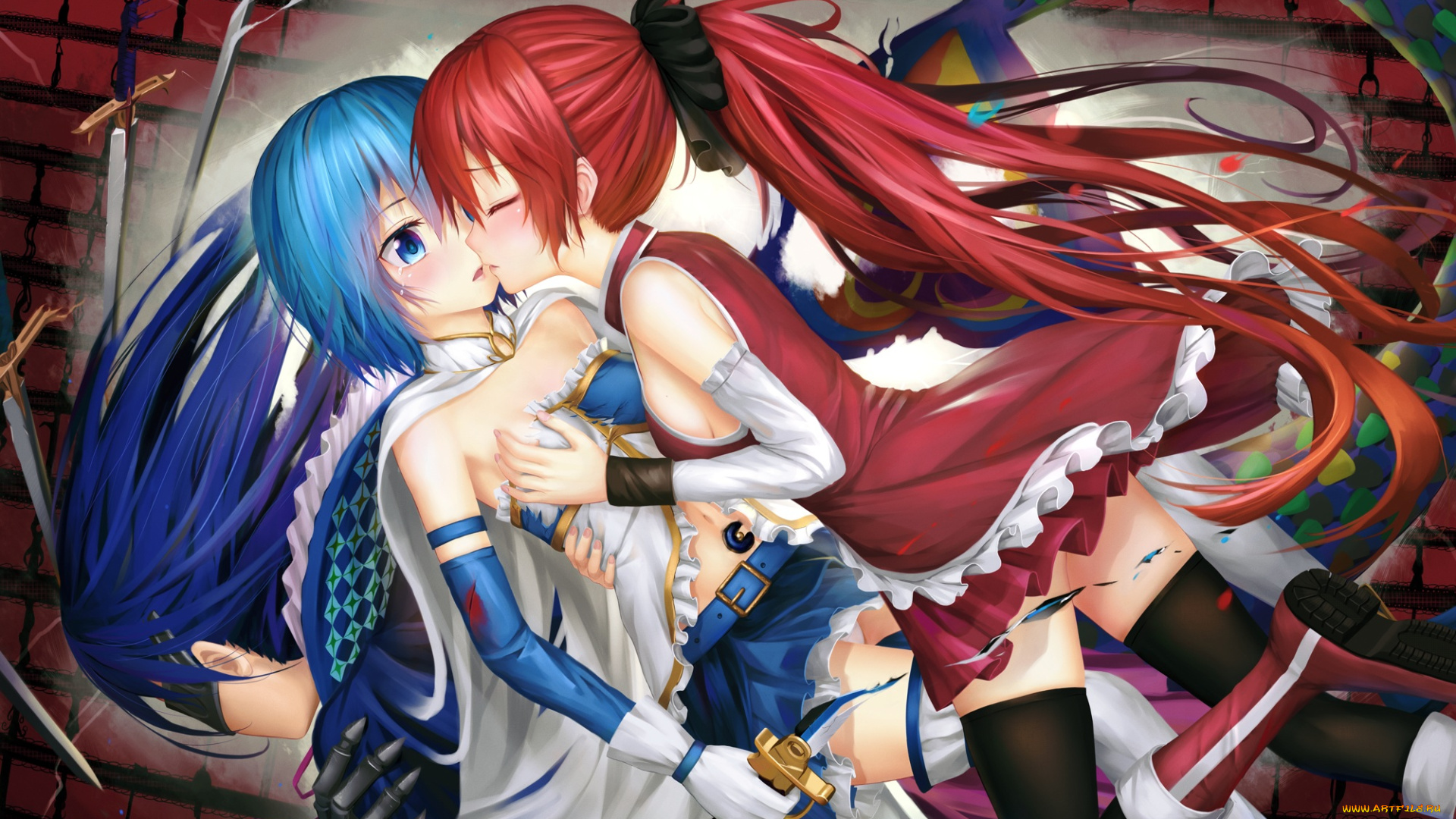 аниме, mahou, shoujo, madoka, magika, девушки, взгляд, фон