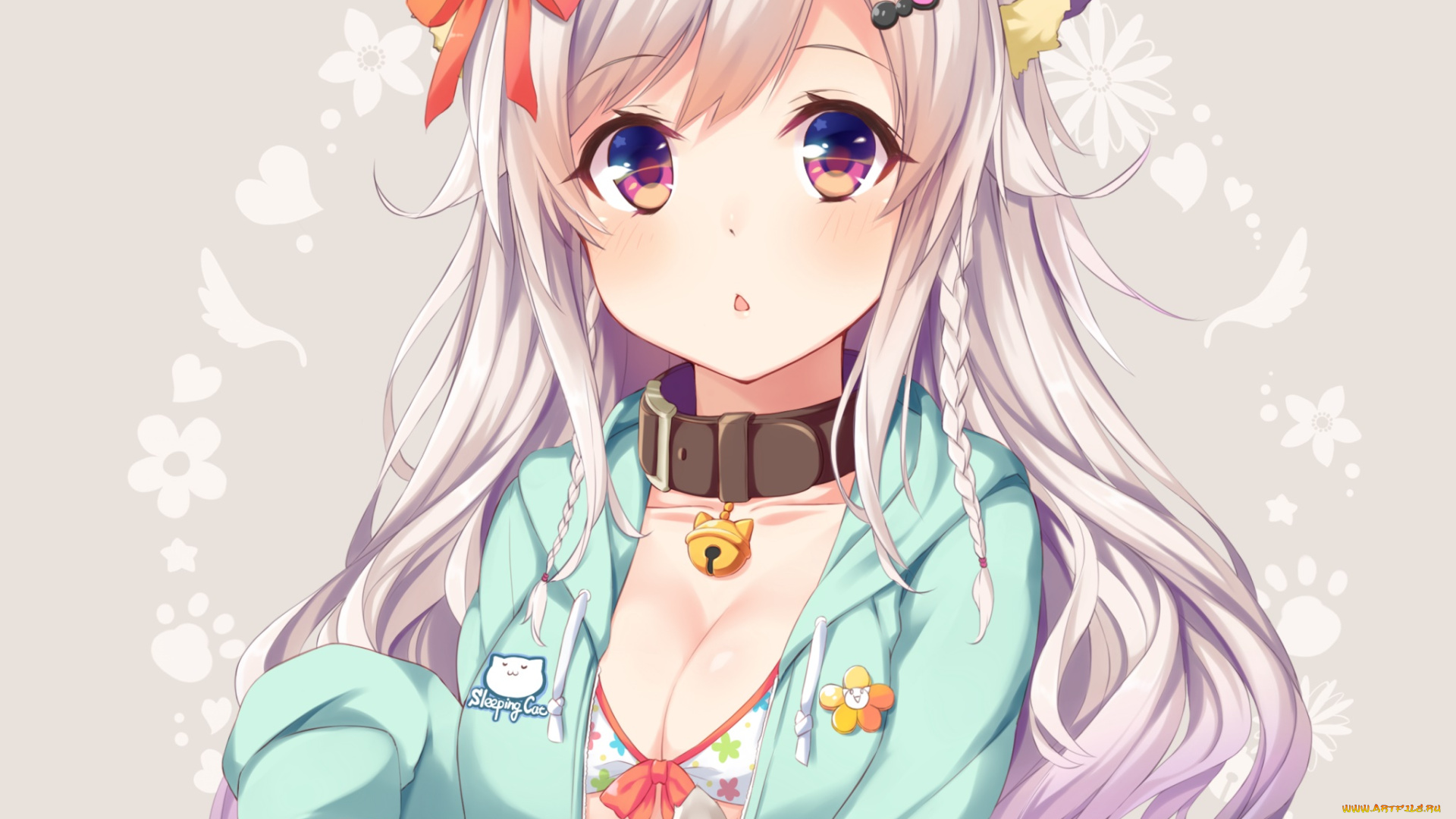 аниме, животные, , существа, девушка, взгляд, фон