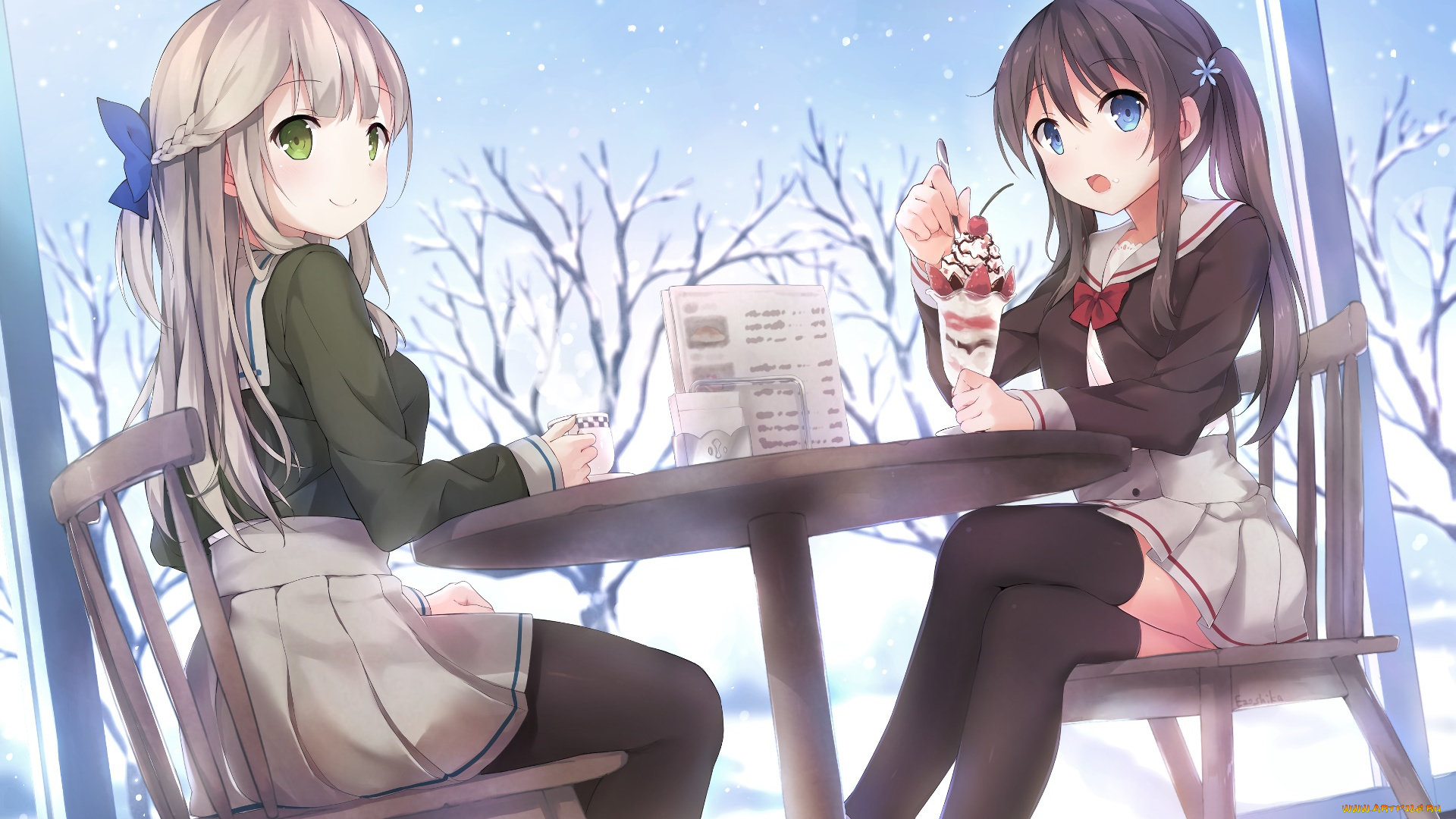 аниме, зима, , новый, год, , рождество, фон, взгляд, девушки