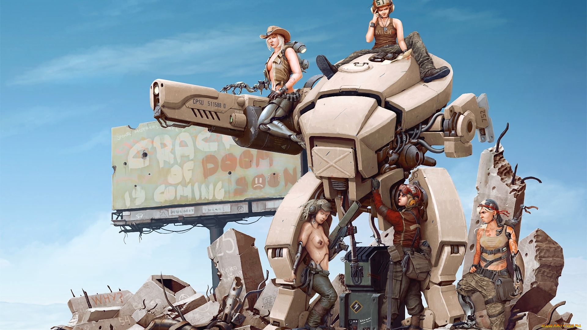 фэнтези, роботы, , киборги, , механизмы, робот, девушки, руины