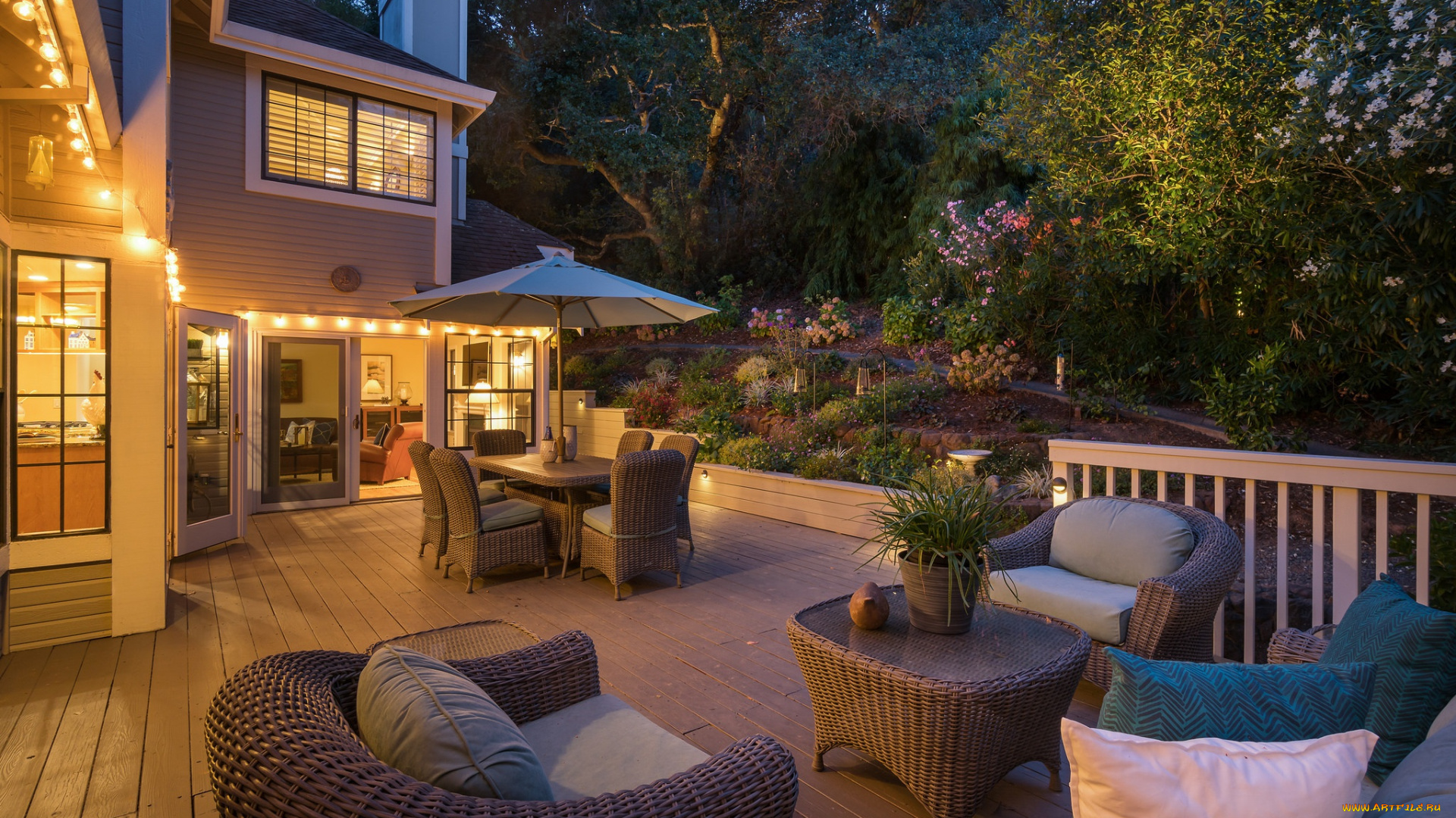 интерьер, веранды, , террасы, , балконы, вечер, дом, кресла, столик, терраса, ротанг