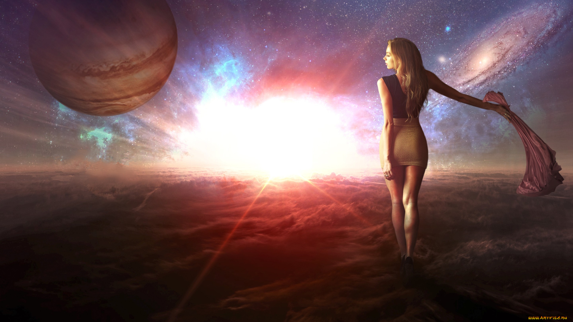 разное, компьютерный, дизайн, планеты, шарф, идёт, облака, девушка