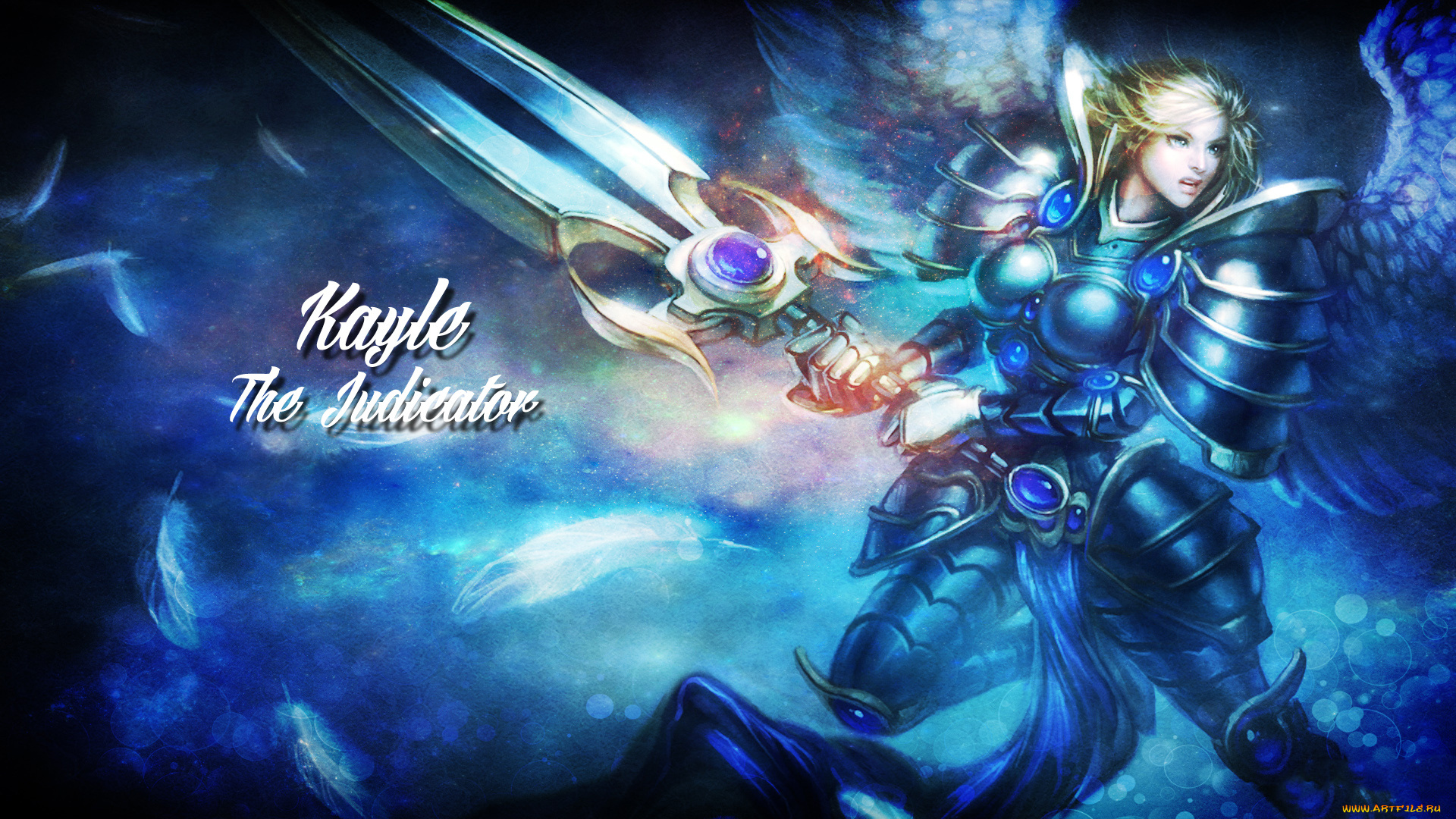 видео, игры, league, of, legends, девушка, латы, меч, взгляд, фон, kayle