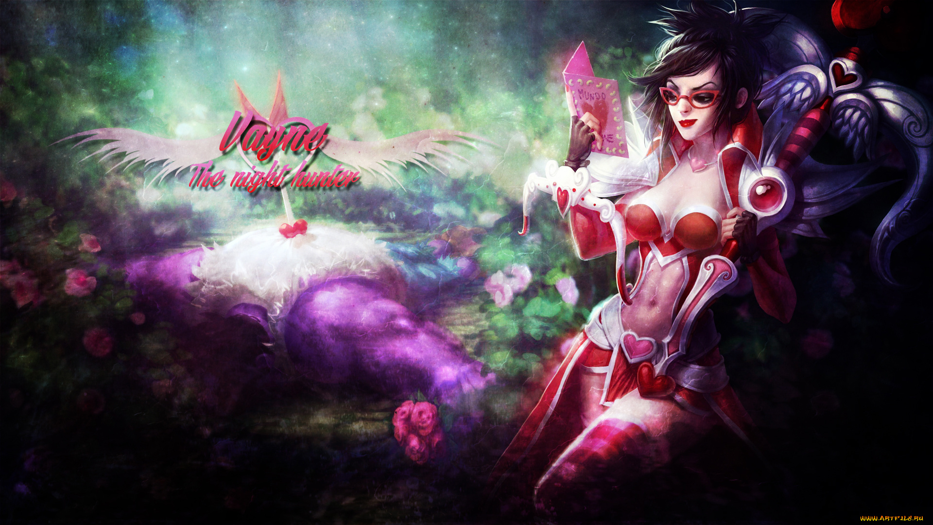 видео, игры, league, of, legends, открытка, очки, взгляд, фон, девушка, vayne