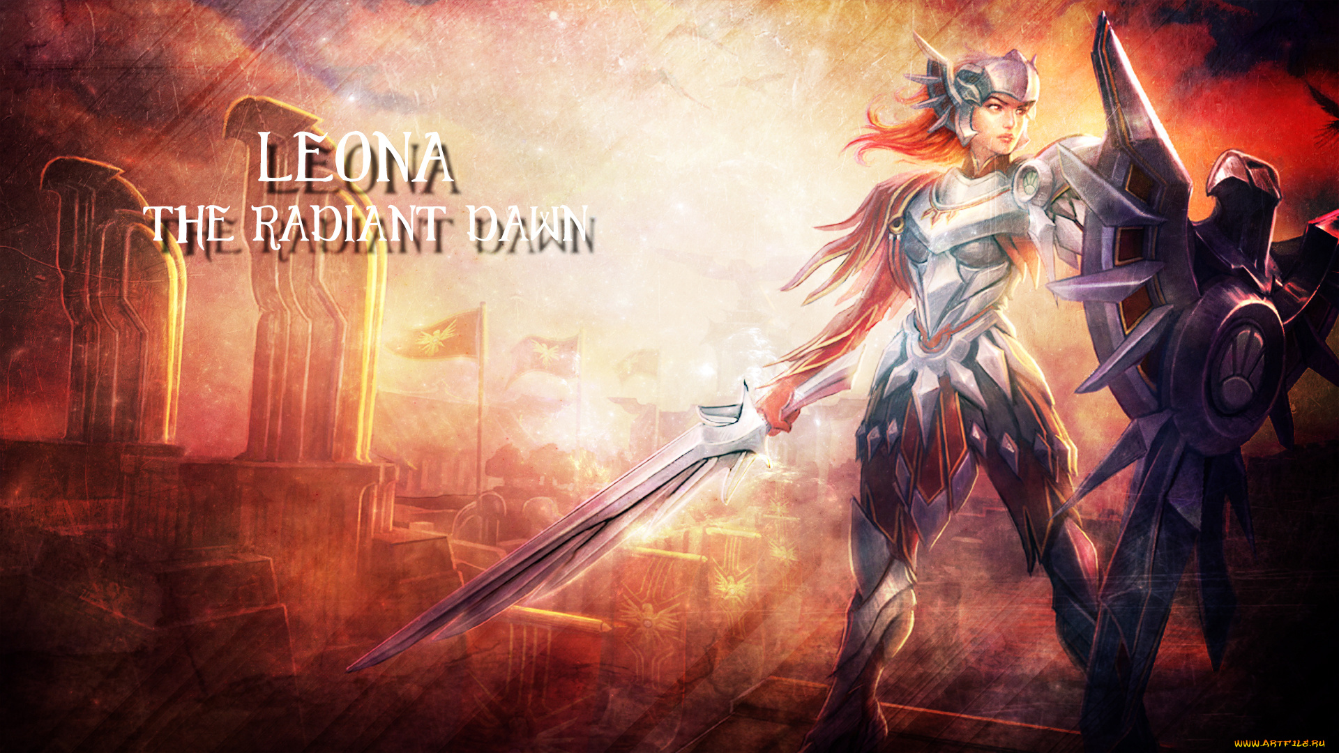 видео, игры, league, of, legends, щит, меч, латы, взгляд, фон, девушка, leona