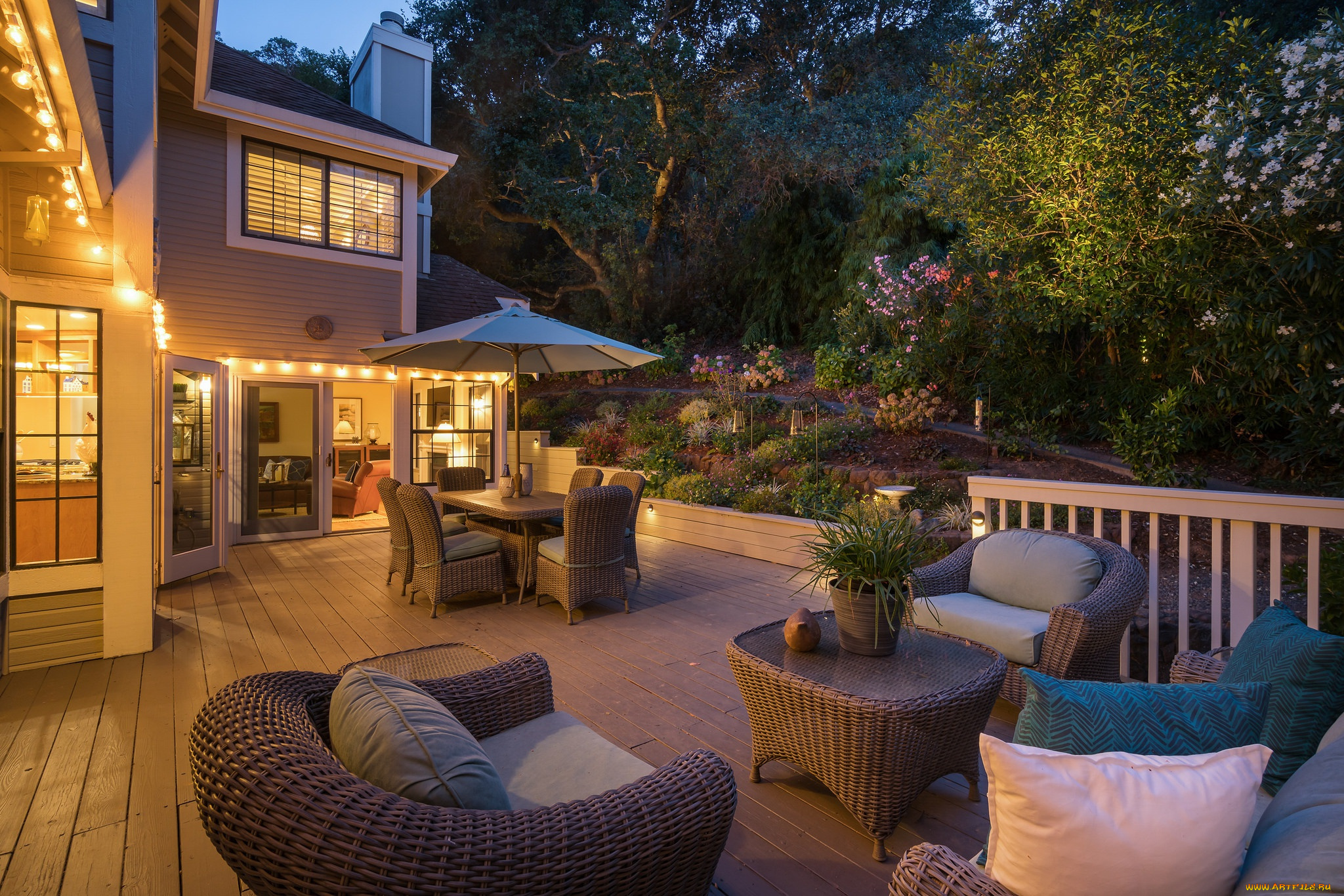 интерьер, веранды, , террасы, , балконы, вечер, дом, кресла, столик, терраса, ротанг