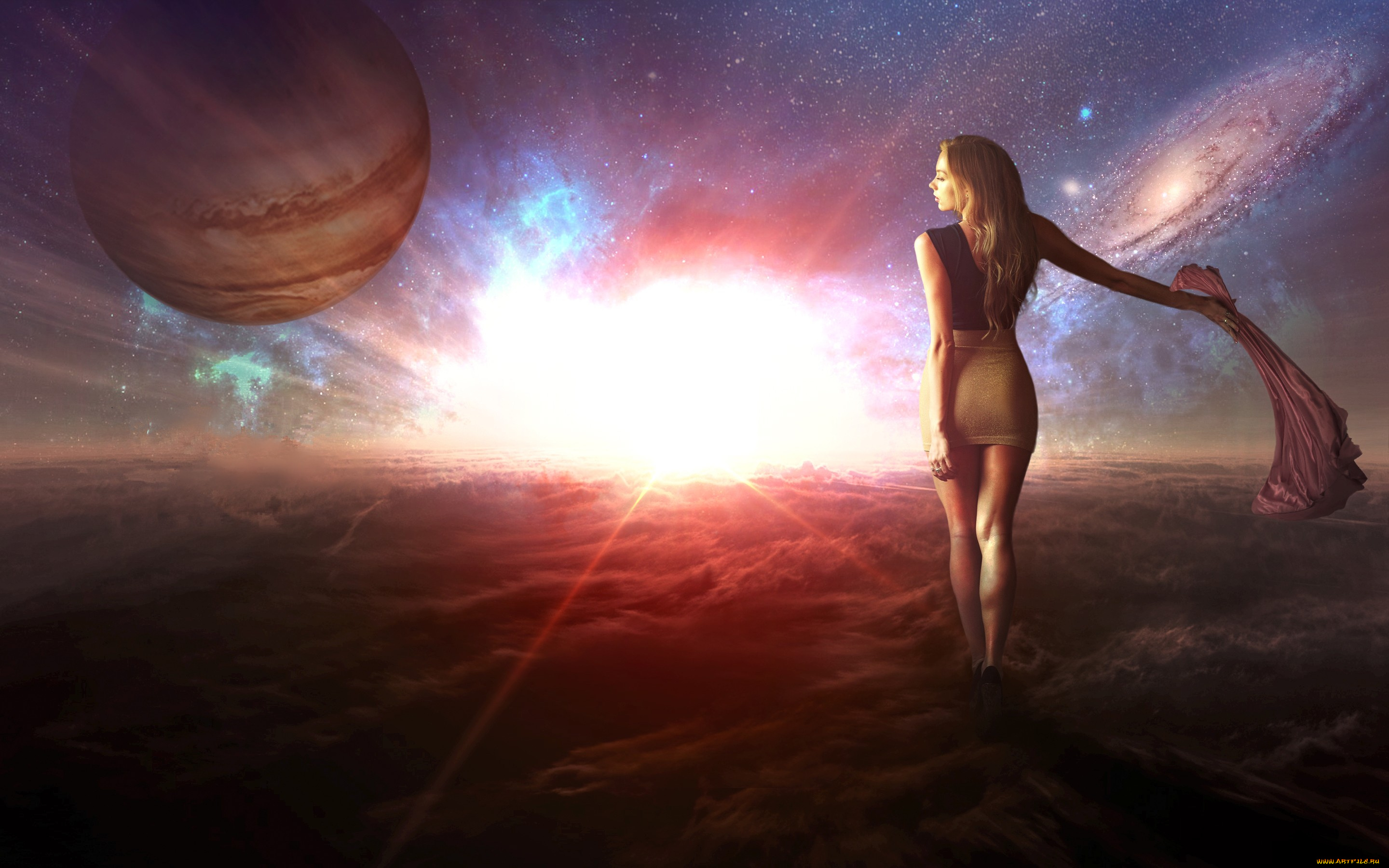 разное, компьютерный, дизайн, планеты, шарф, идёт, облака, девушка