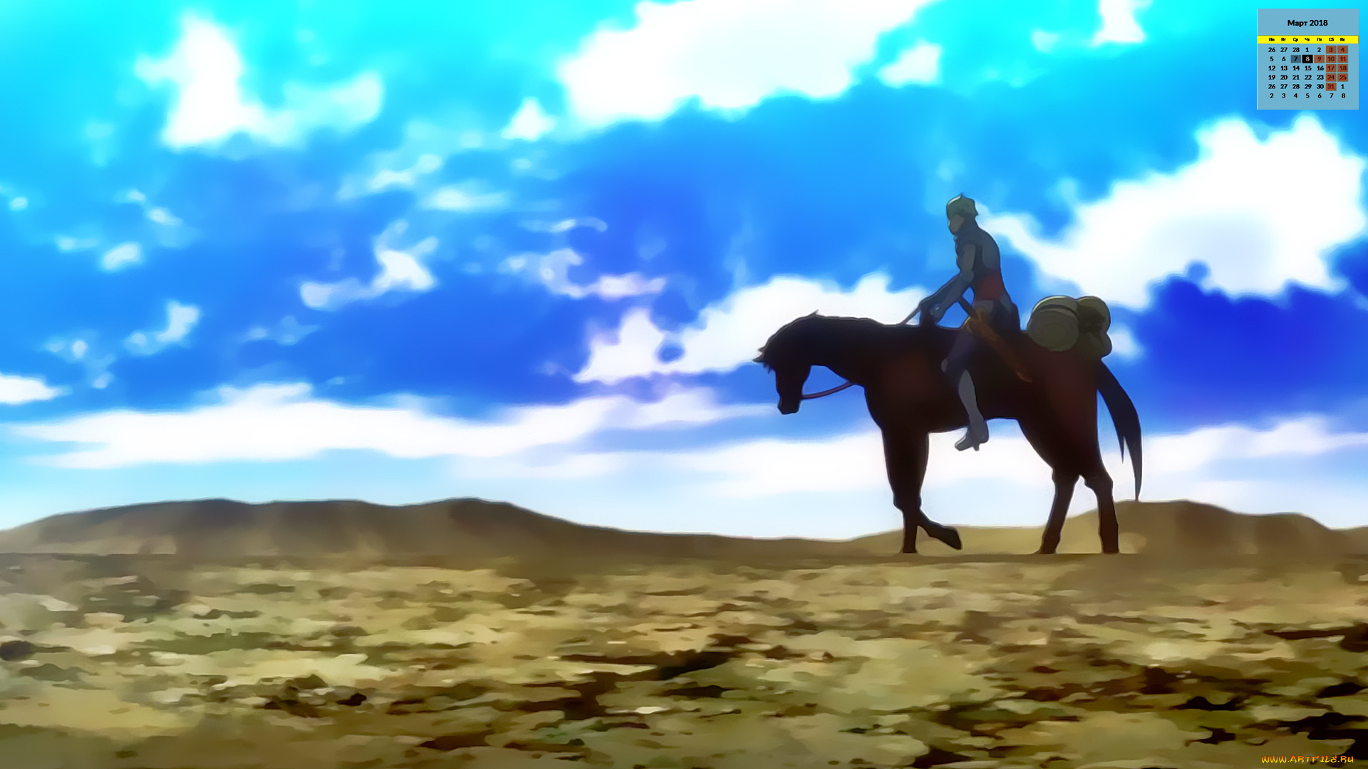 календари, аниме, природа, 2018, лошадь, всадник