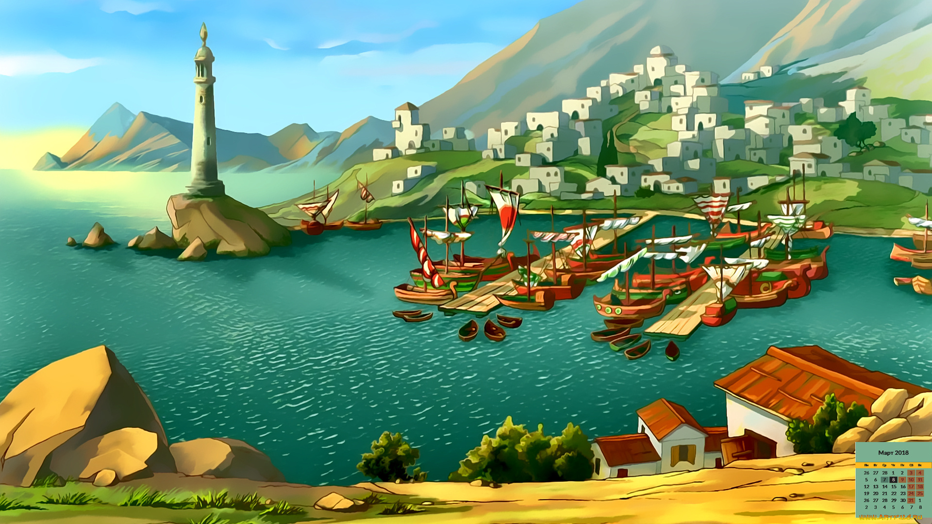 календари, кино, , мультфильмы, 2018, парусник, здание, город, скульптура, водоем