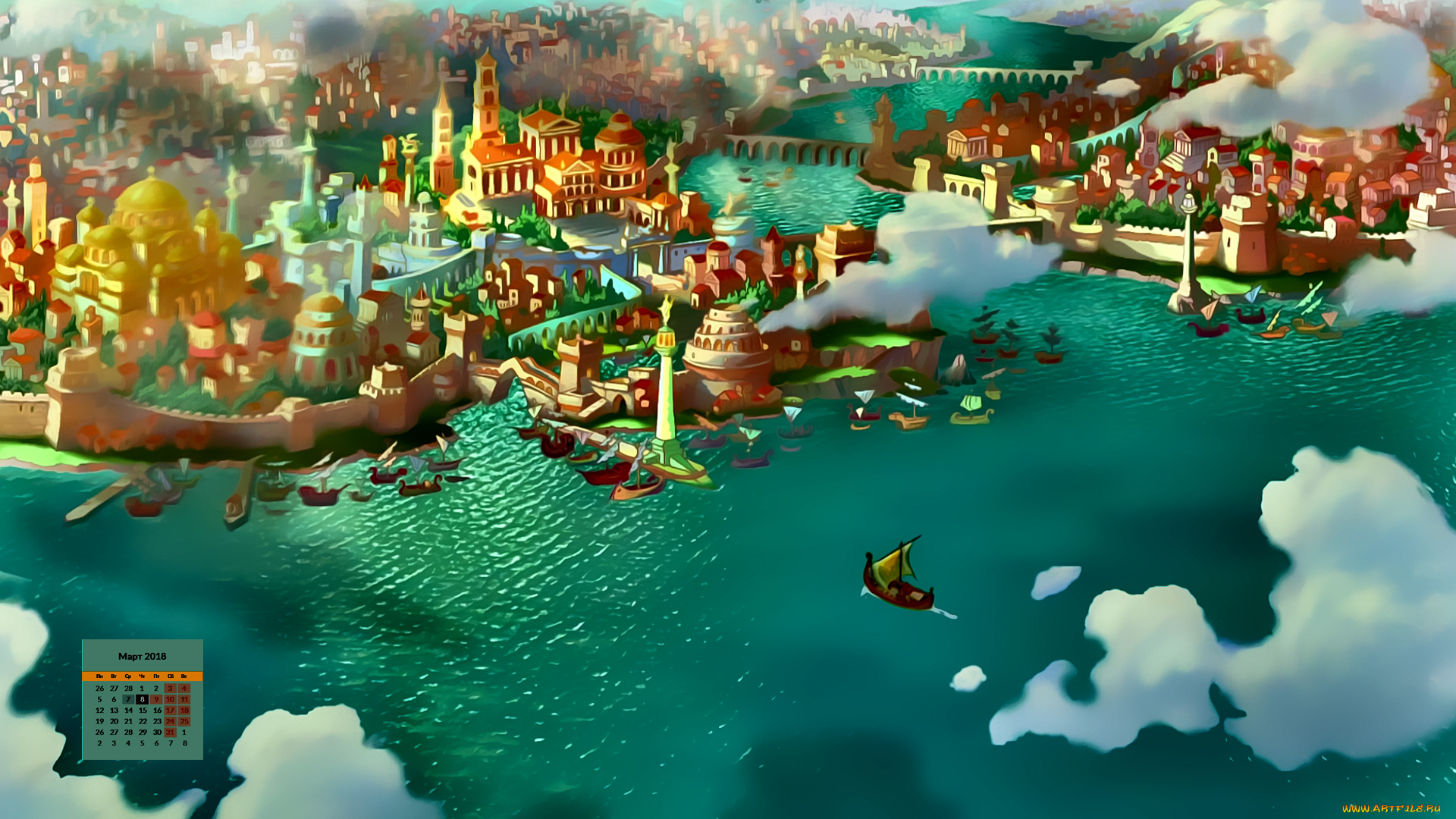 календари, кино, , мультфильмы, здание, город, парусник, водоем, 2018
