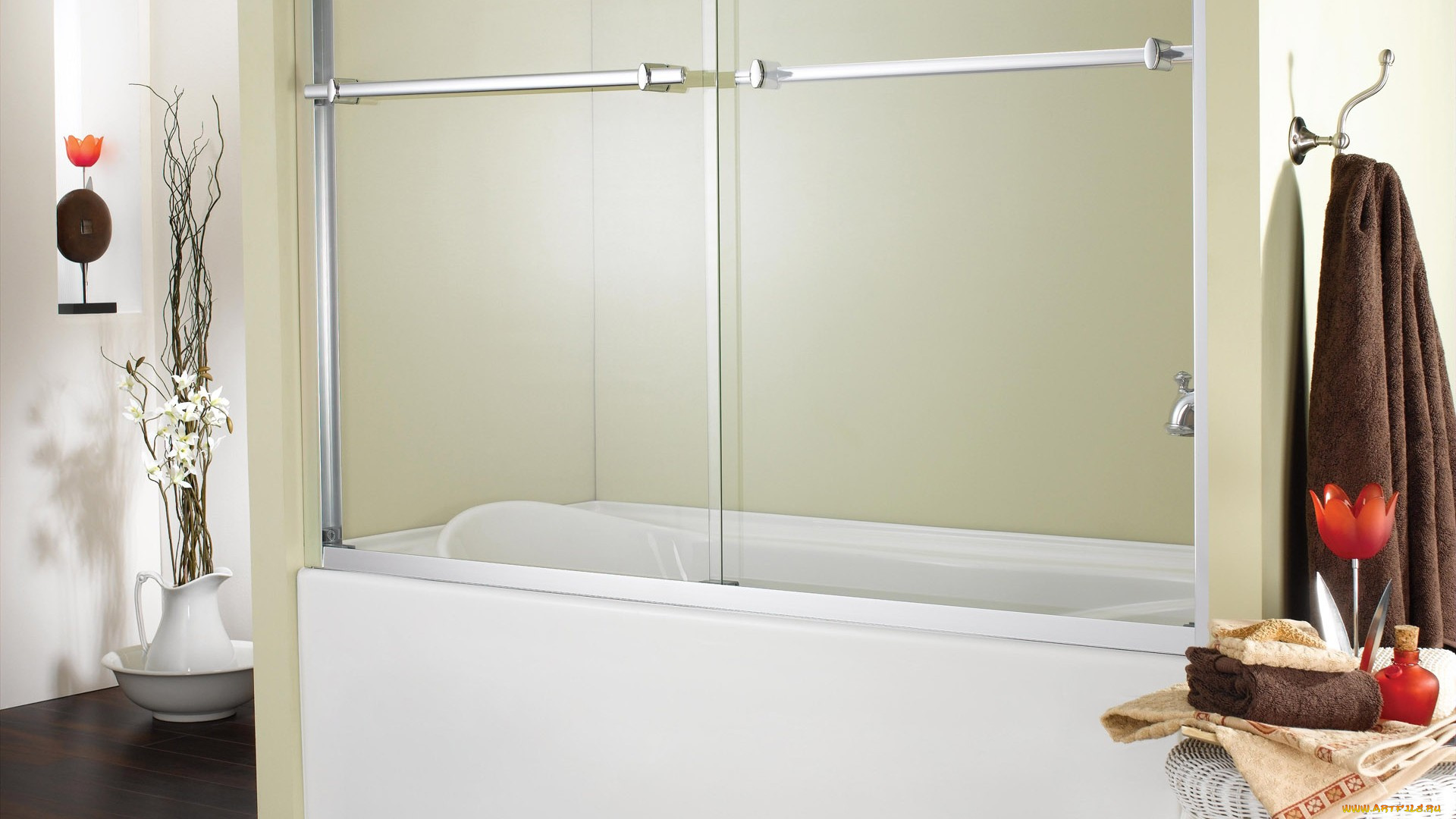 интерьер, ванная, и, туалетная, комнаты, цветок, полотенца, ванна