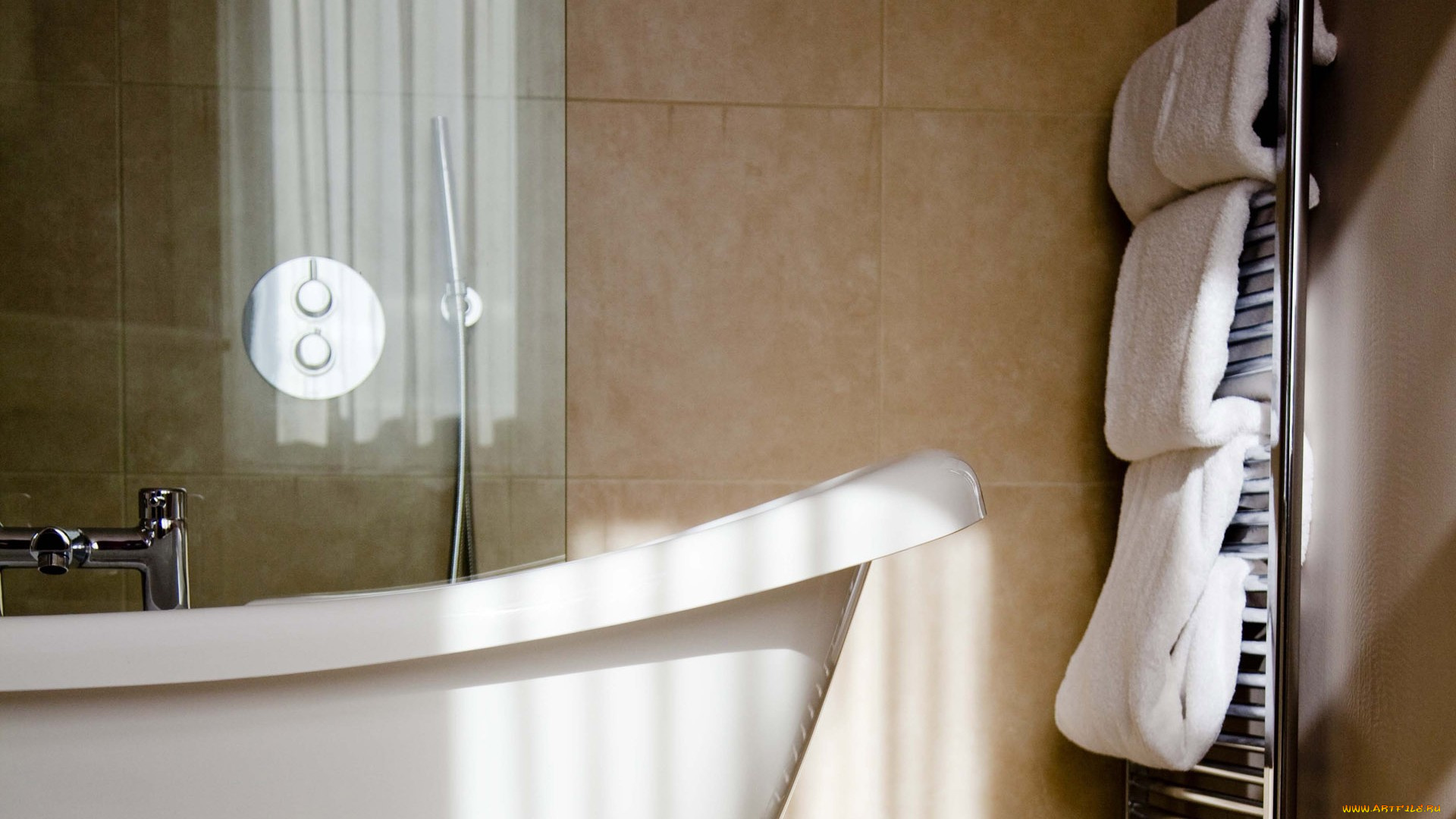 интерьер, ванная, и, туалетная, комнаты, полотенца, ванна