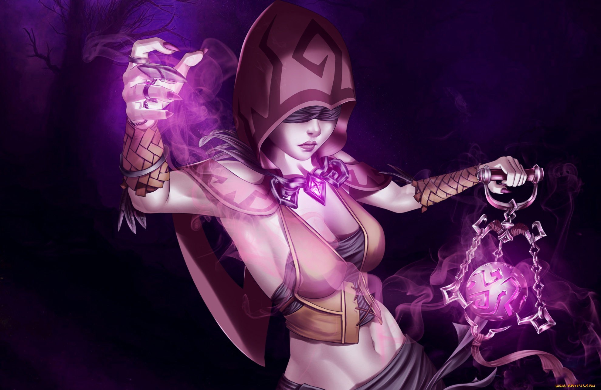 фэнтези, магия, повязка, фон, девушка, капюшон