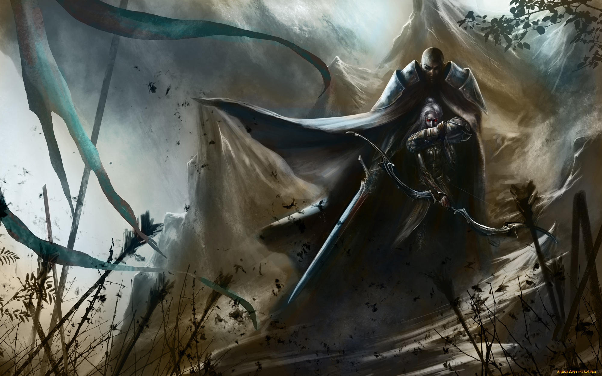 фэнтези, вампиры, оружие, фон, мужчина, девушка