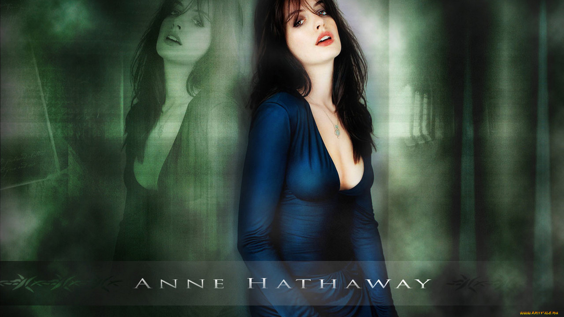 девушки, anne, hathaway, брюнетка, платье, стена