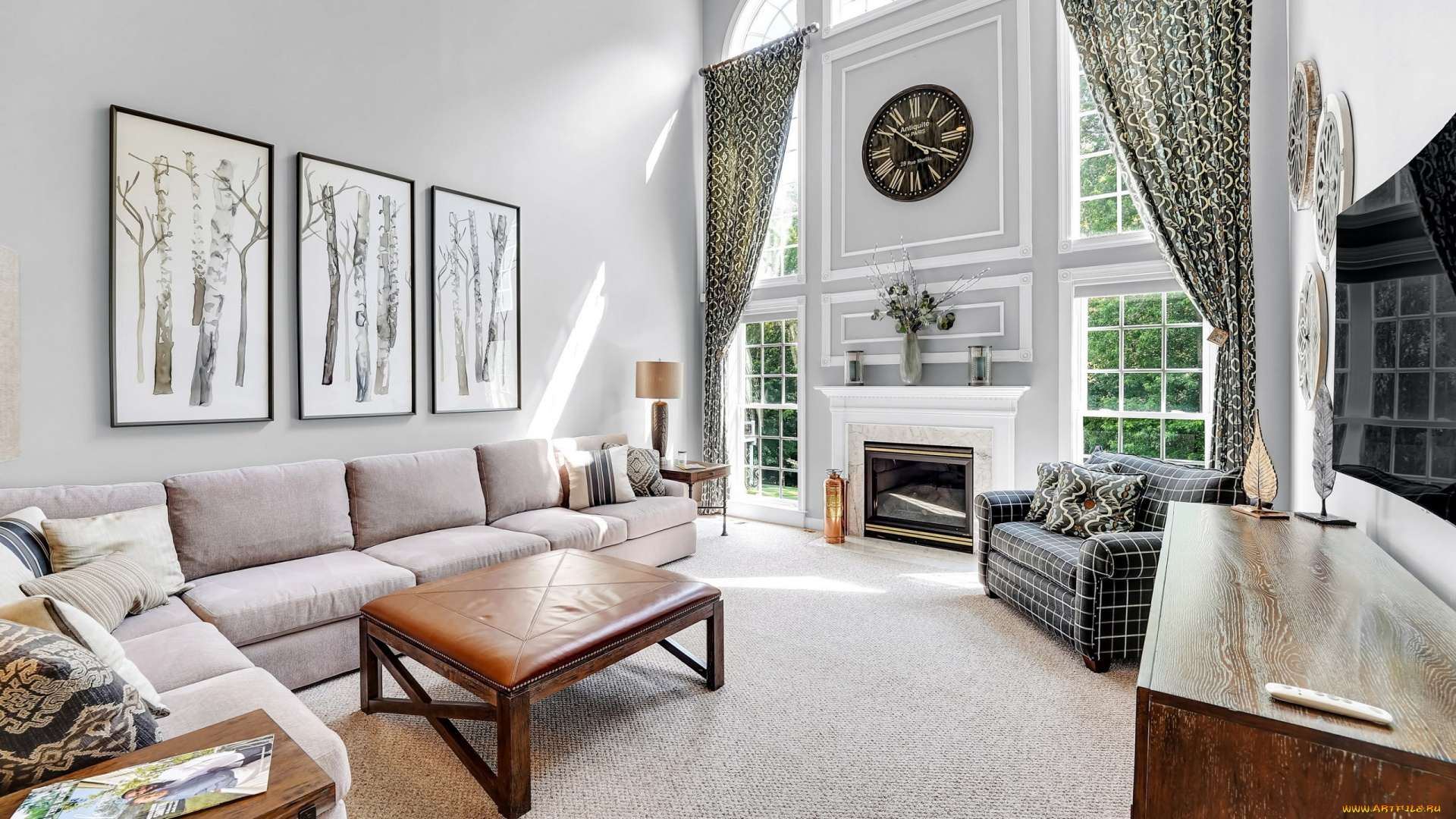 интерьер, гостиная, камин, часы, мягкий, уголок