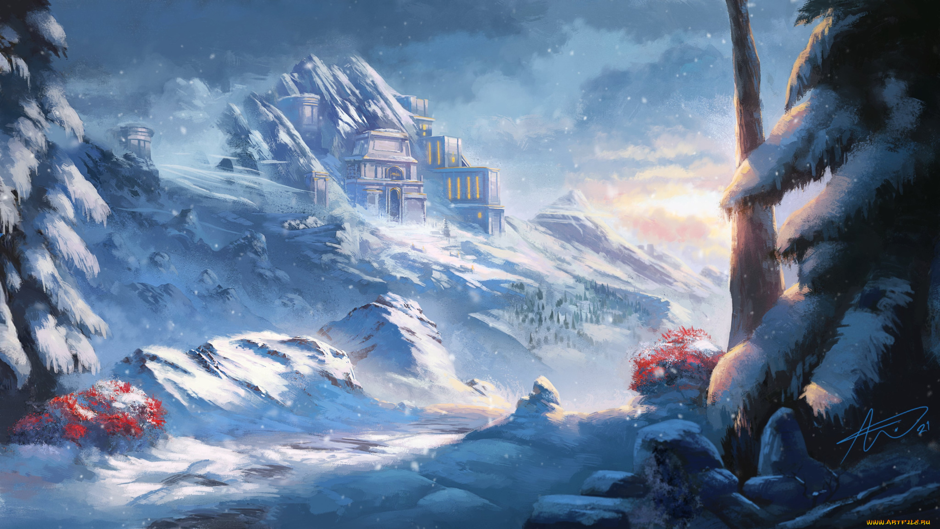 видео, игры, world, of, warcraft, дворец, горы, зима, снег, деревья