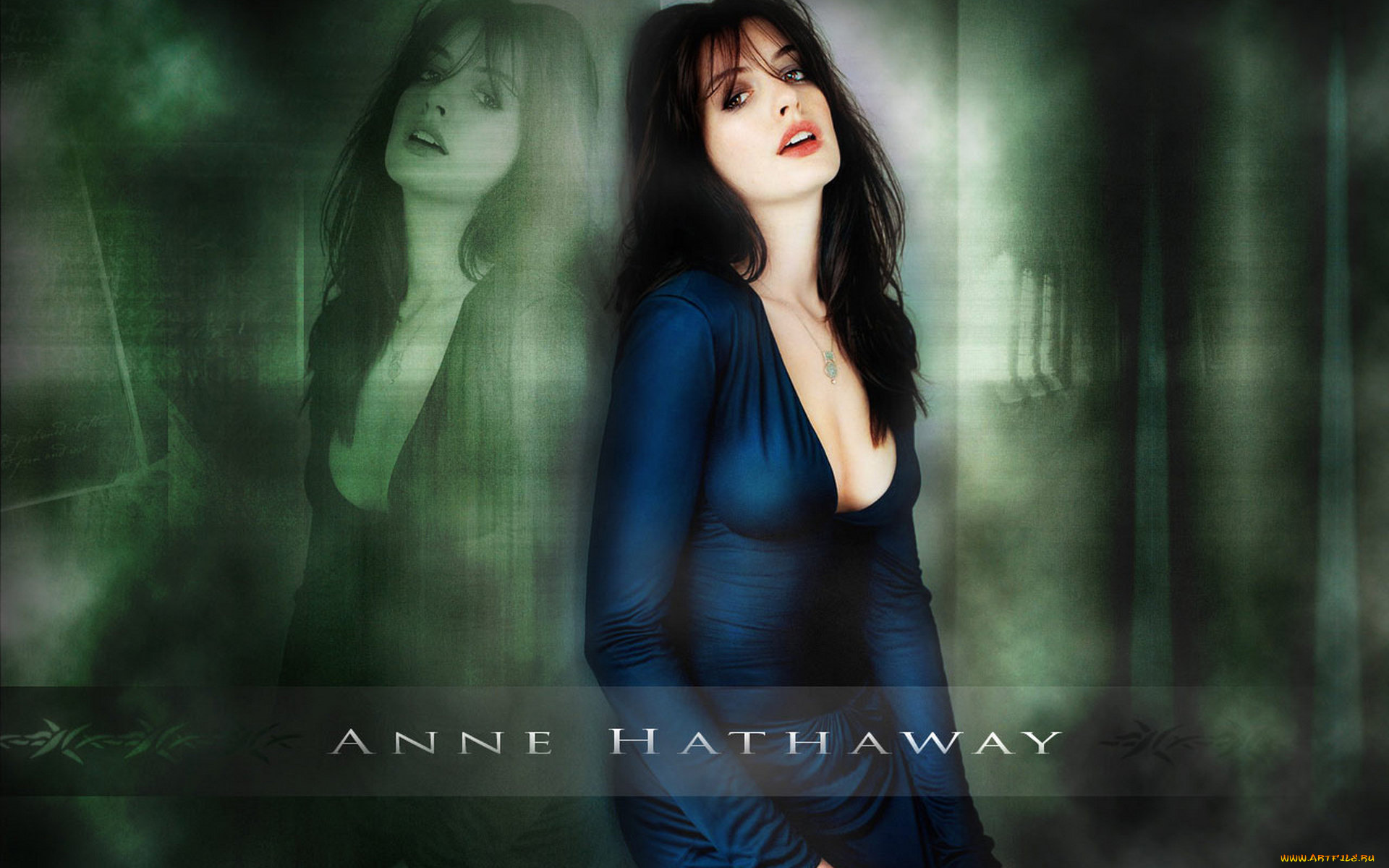 девушки, anne, hathaway, брюнетка, платье, стена