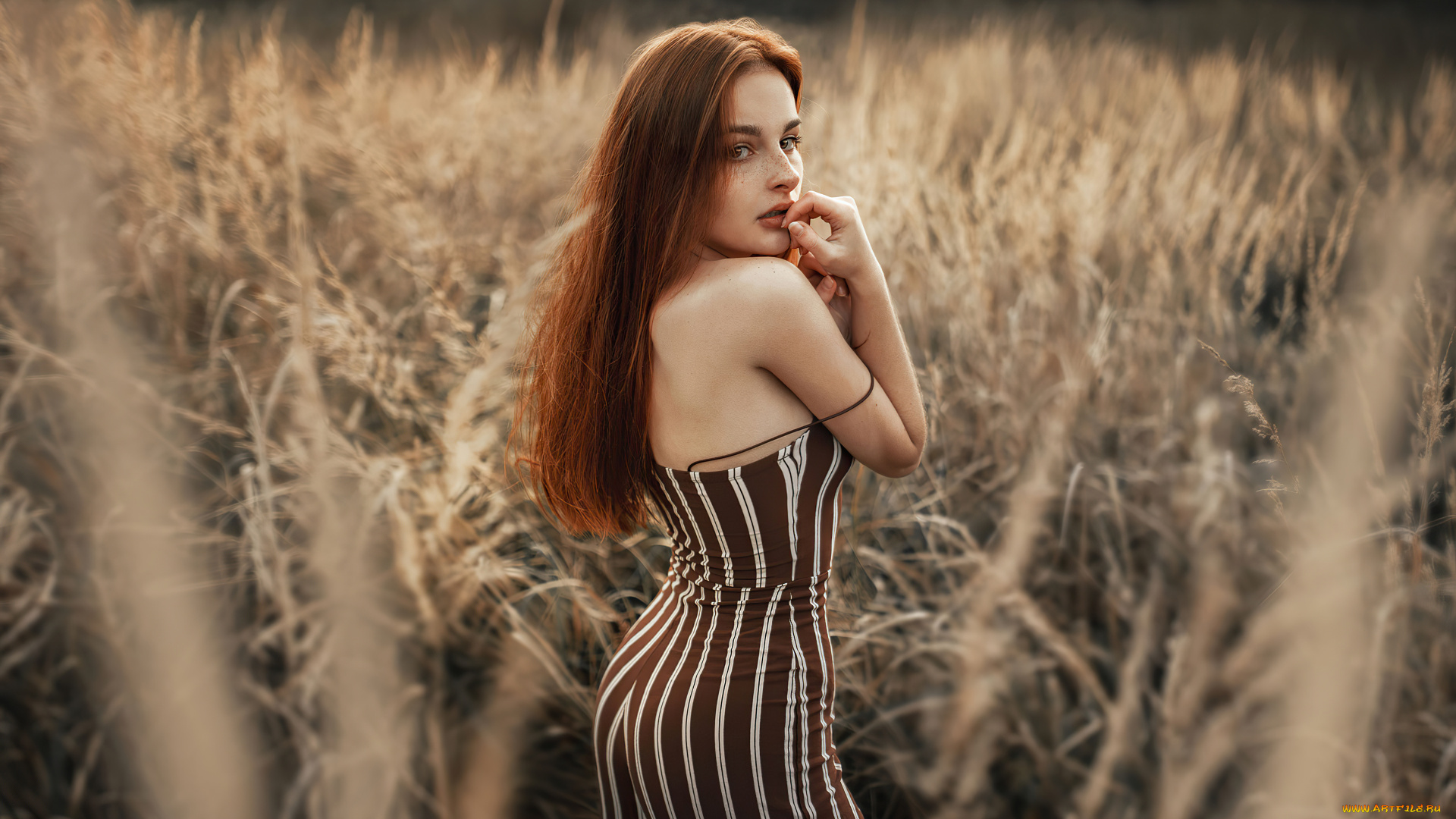 девушки, -, рыжеволосые, и, разноцветные, рыжеволосая, поле, голые, плечи, веснушки