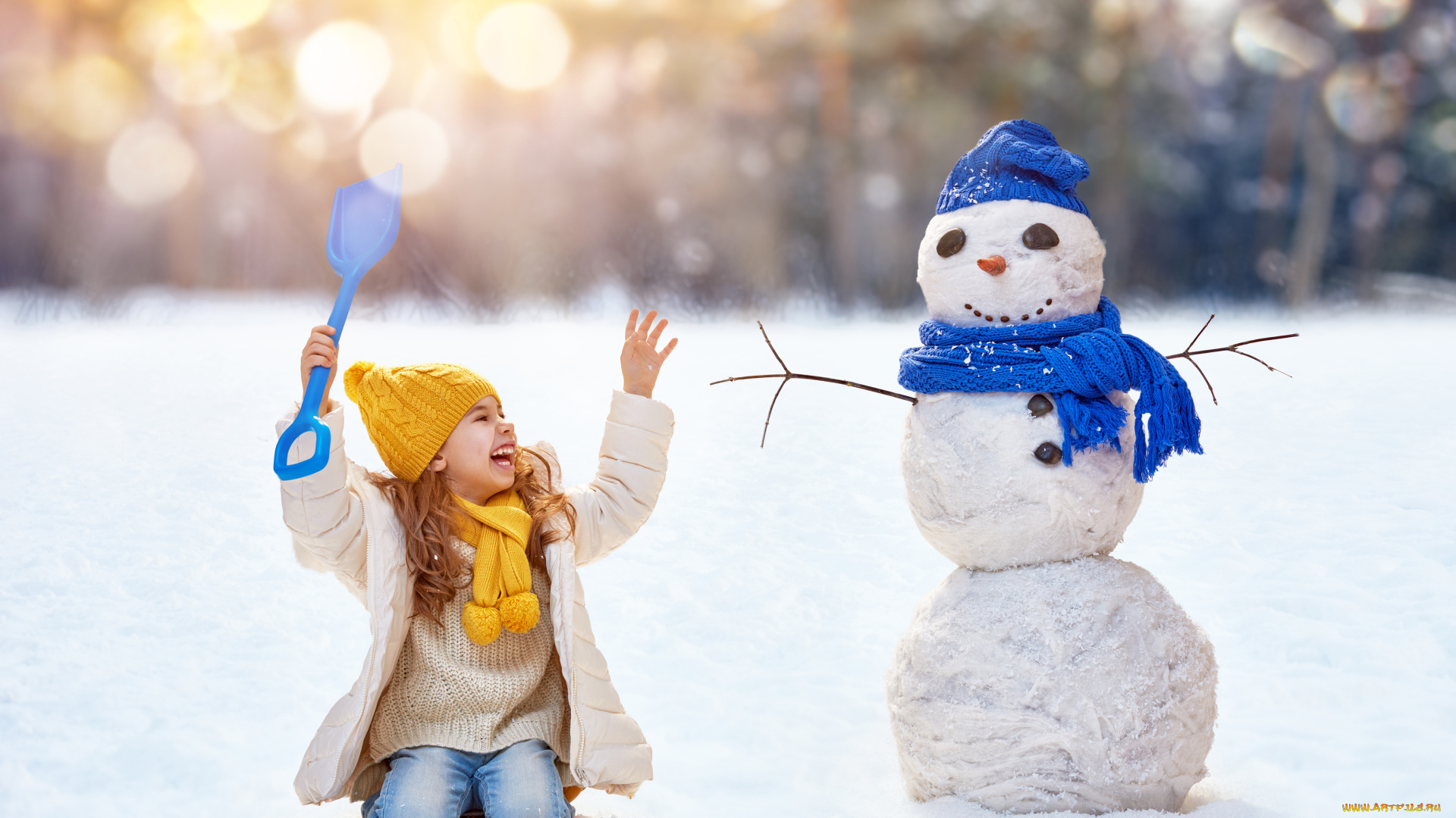 разное, дети, девочка, лопата, снеговик, снег