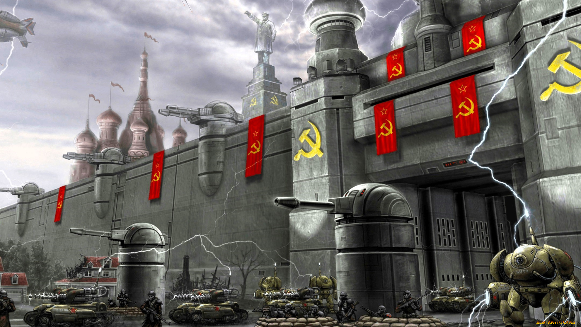 видео, игры, command, &, conquer, , red, alert, 3, крепость, оружие, механизмы, люди, флаги