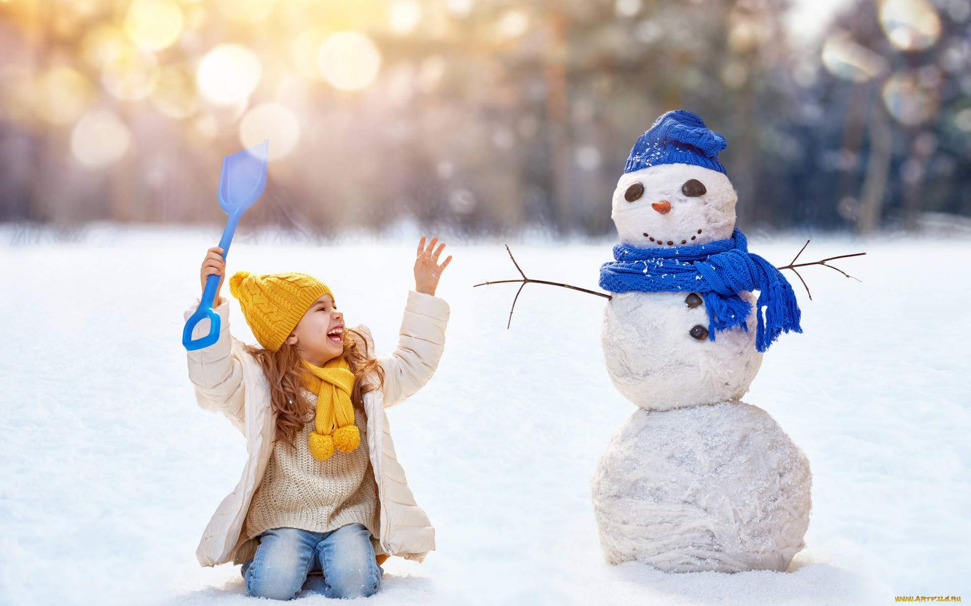 разное, дети, девочка, лопата, снеговик, снег