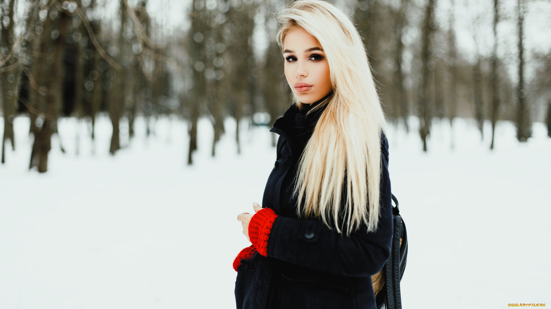 девушки, -, блондинки, , светловолосые, блондинка, пальто, рюкзак, снег, лес