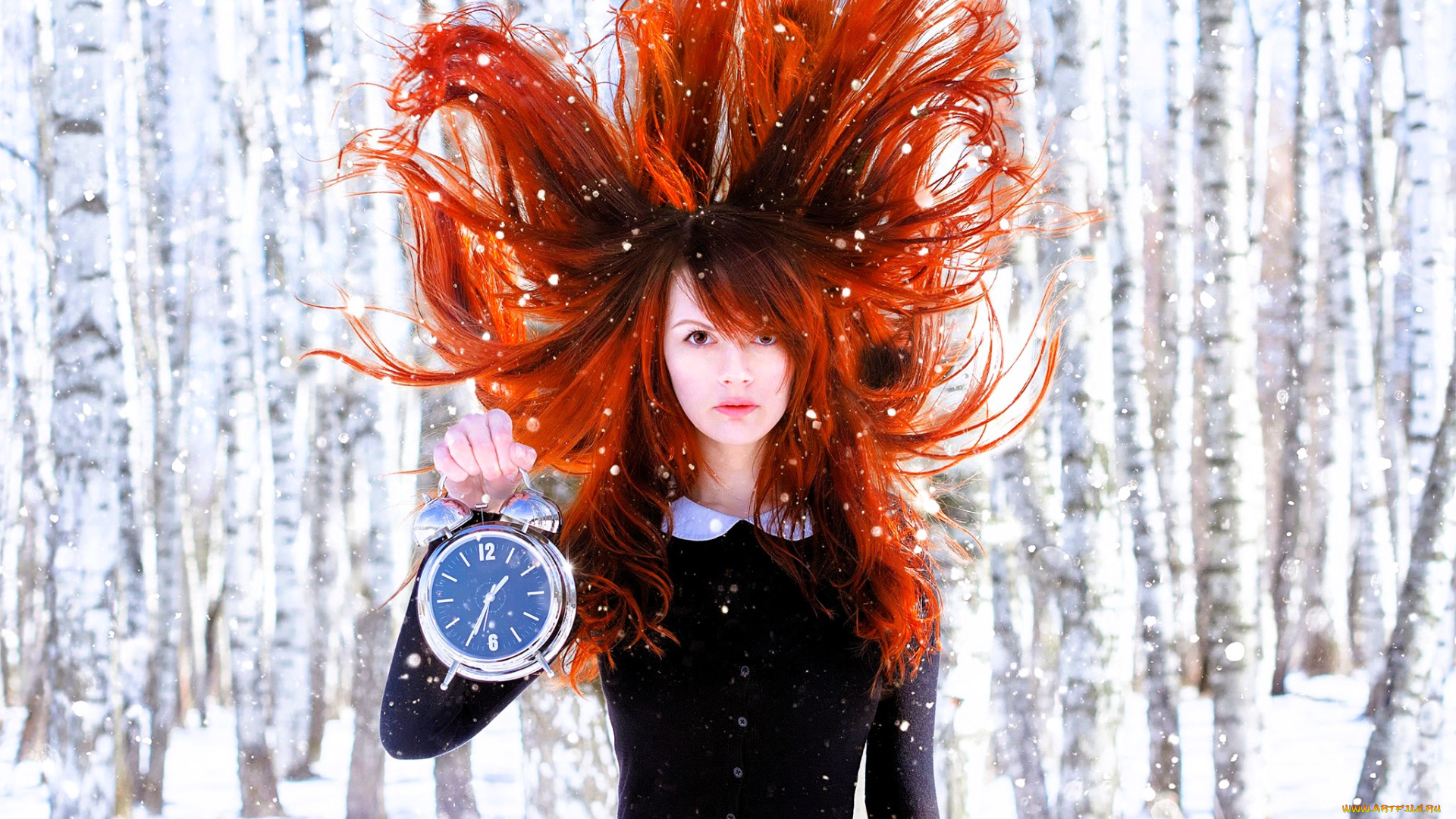 девушки, -, рыжеволосые, и, разноцветные, рыжая, платье, будильник, снег, лес