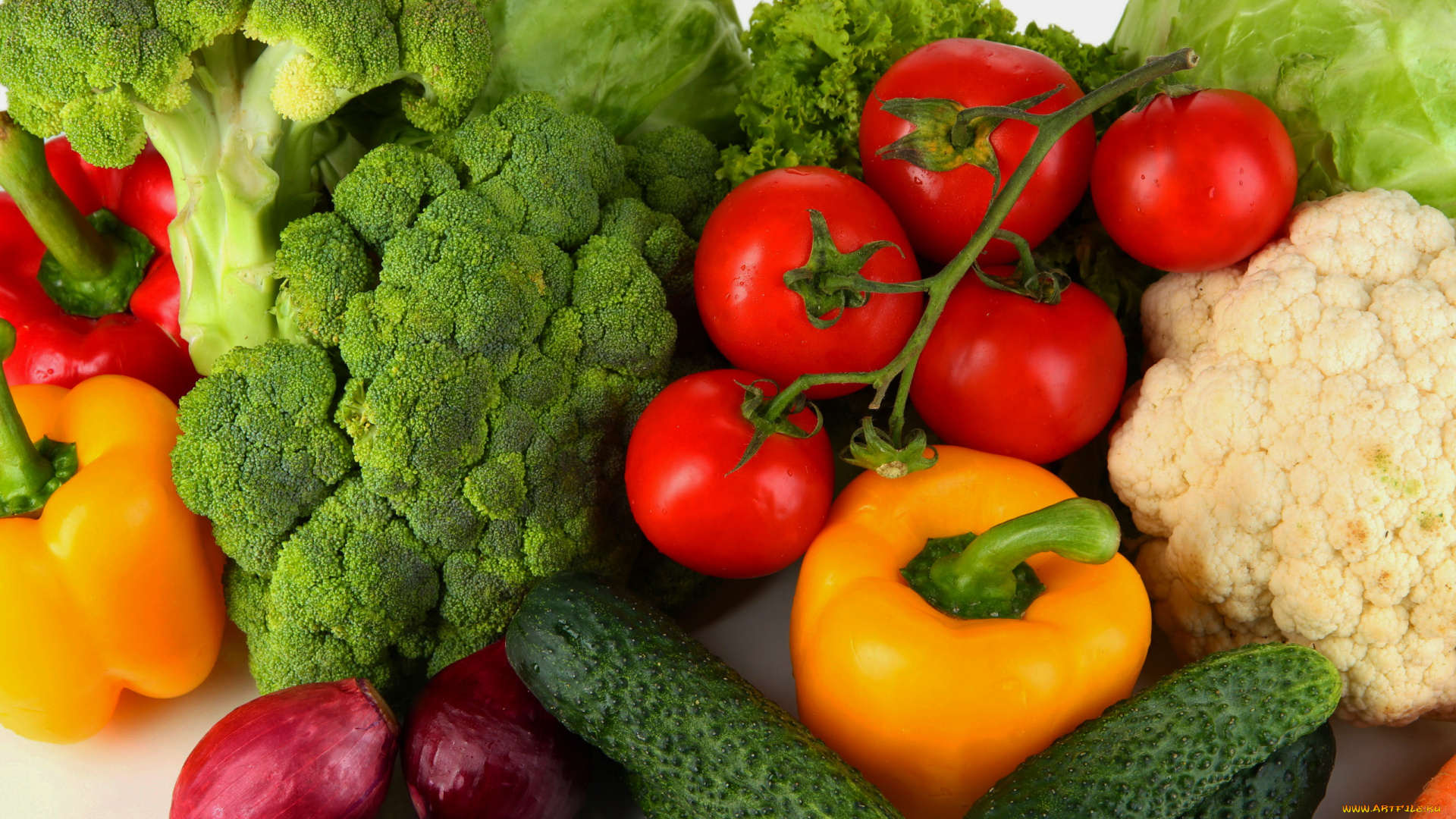 еда, овощи, перец, брокколи, капуста, цветная, помидоры, лук, огурцы