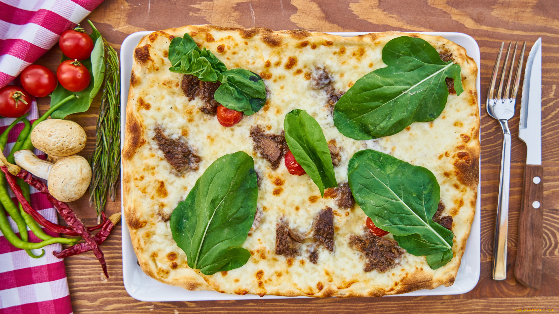 еда, пицца, шпинат, шампиньоны, перец