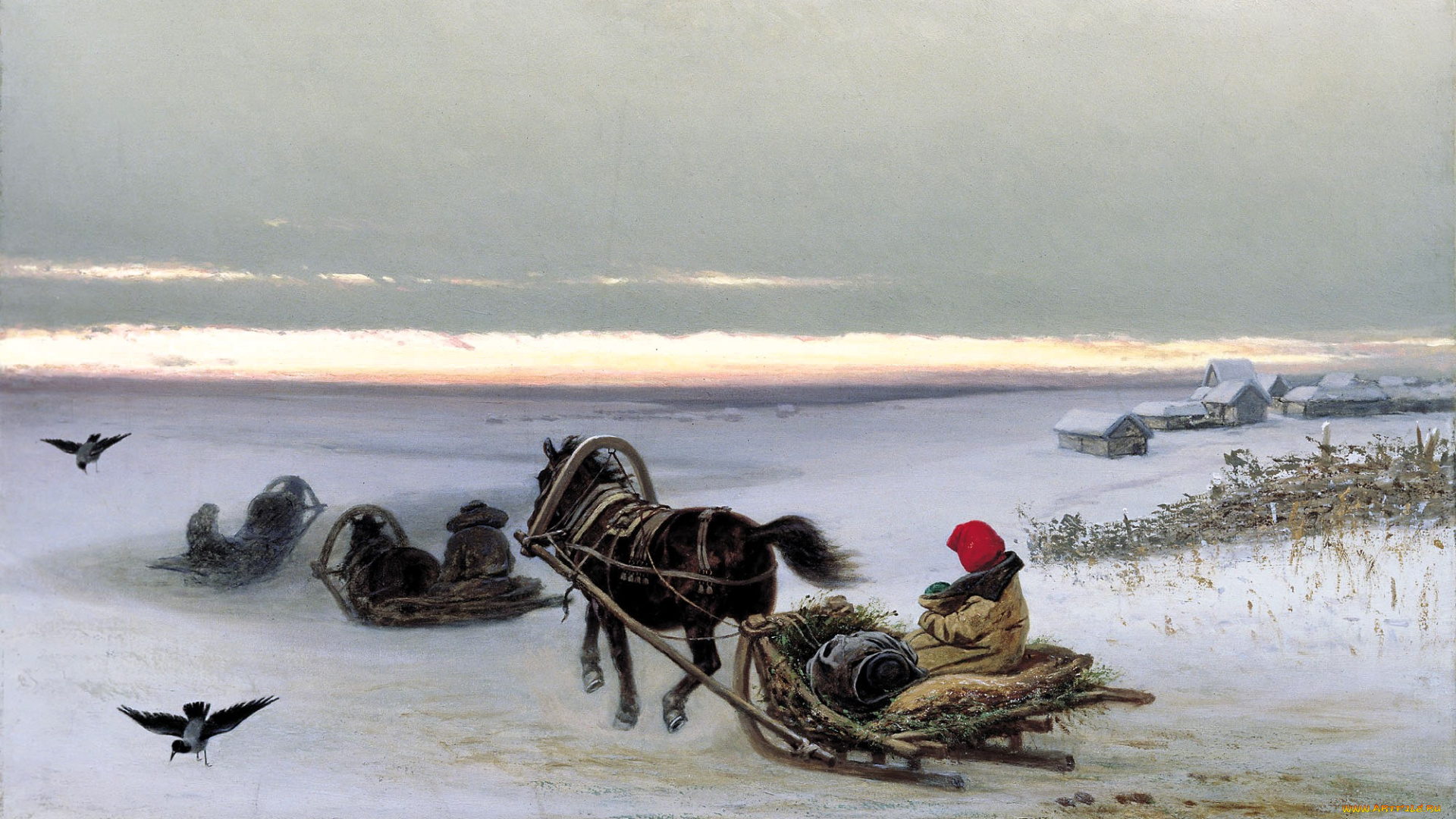 грузинский, петр, -, домой, рисованное, пётр, грузинский, повозки, деревня, снег, зима