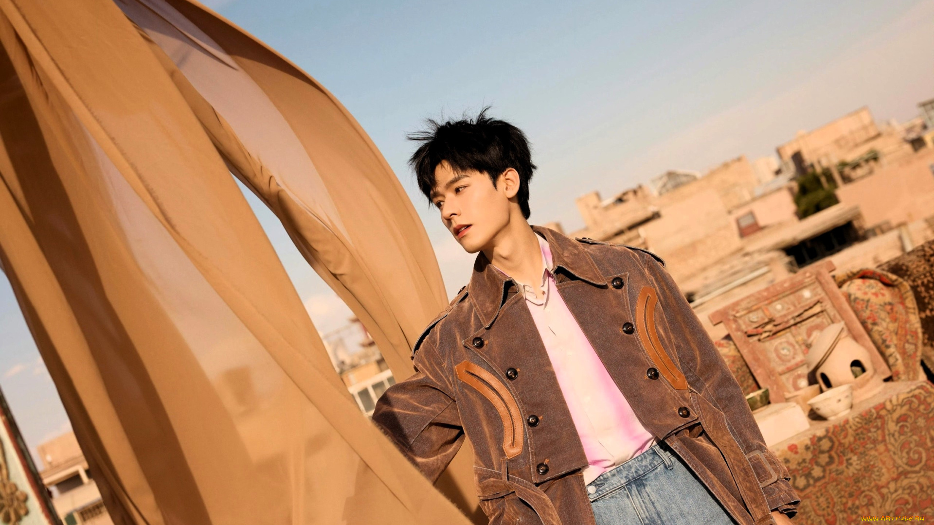 мужчины, gong, jun, |, simon, gong, актер, пальто, джинсы, ткань, ковры, дома